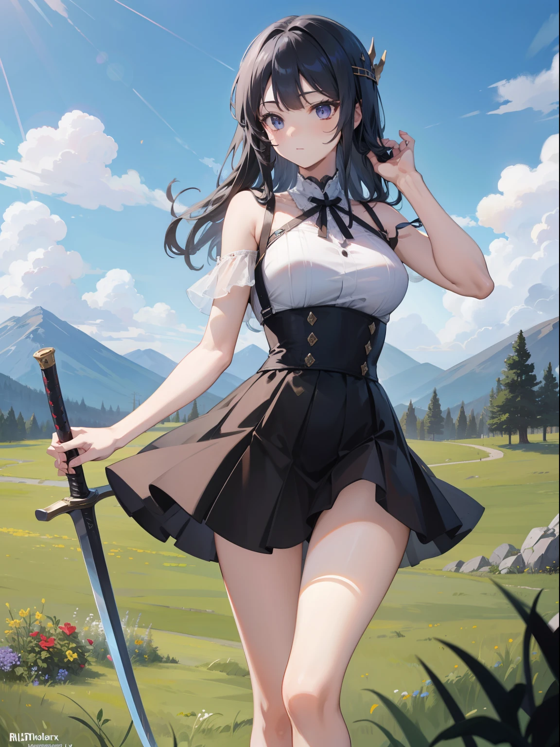 Illustration, UHD, retina, masterpiece, accurate, anatomically correct, super detail, high details, high quality, award winning, best quality, high res, good anatomy, 1080P, HD, 4K, 8k, 16k, 1girl, dynamic pose, androgynous, full body, holding a sword, mini skirt, lighting, shading, grass, mountain, blue sky, clouds, rendering, black detailed hair, detailed clothes, purple detailed eyes, cocktail dress,