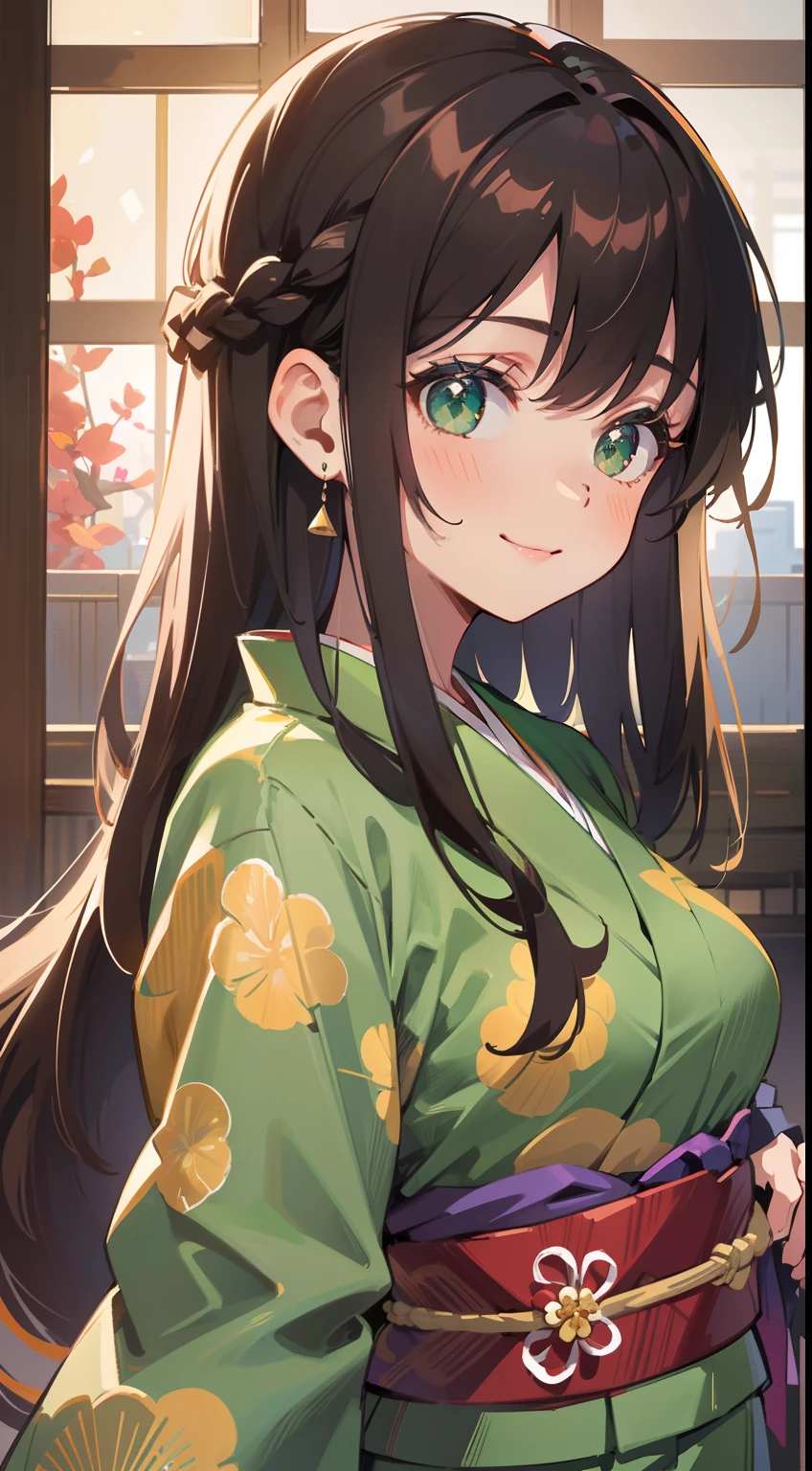 (masterpiece), (best quality), ultra high res, sharp focus, ((1 woman, solo)), upper body, dutch angle, beautiful detailed hair, chestnut brown hair, long hair flowing up, beautiful detailed face, green eyes, comfortable face, perfect feminine face, smiles at the viewer, in the beautiful evening japanese village, colorful japanese kimono, pose like an expert model