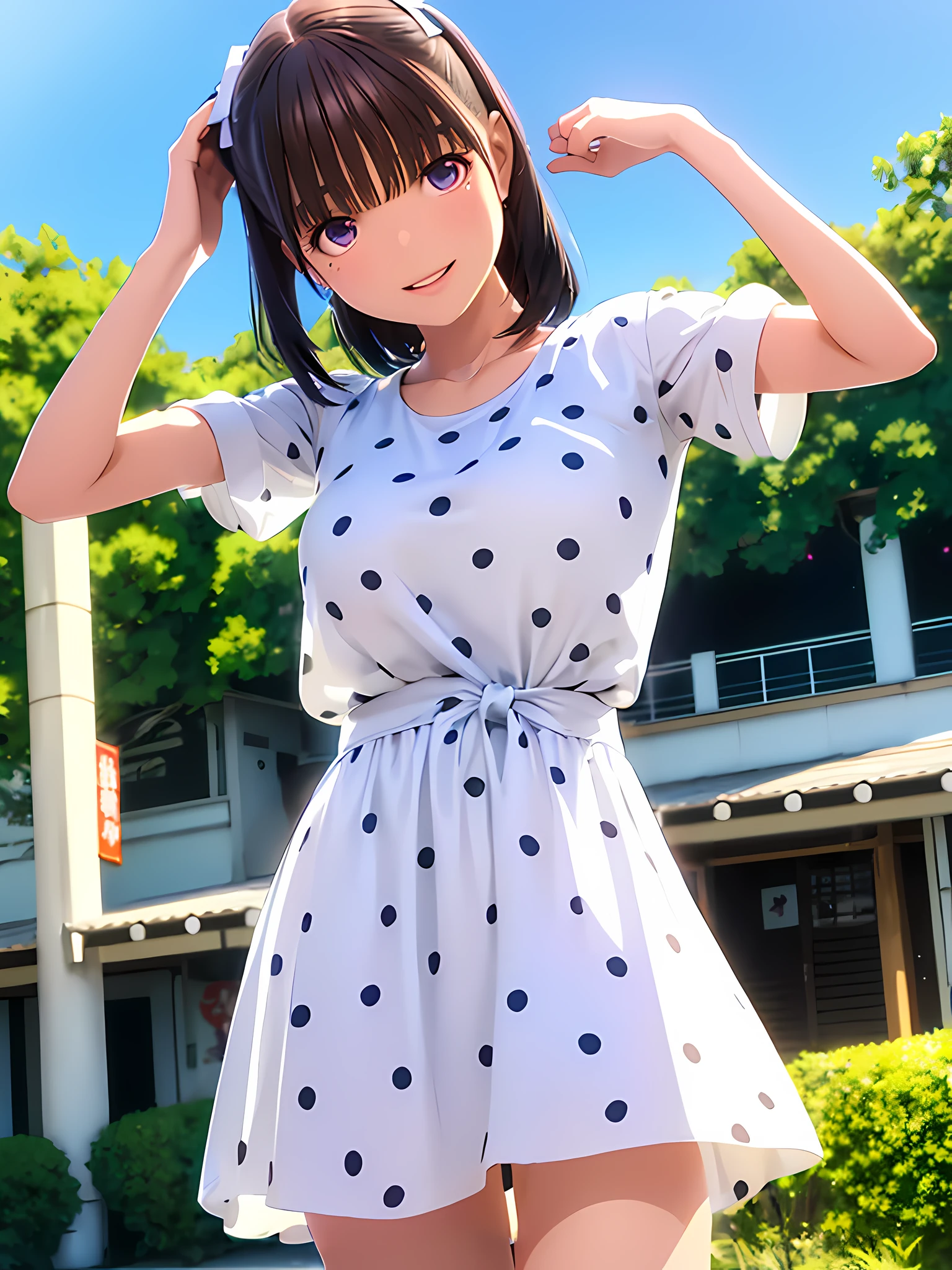 hight resolution,8K,Best Quality,detaileds,semi - realistic anime,Anime 3D Style,Smooth Anime CG,1 girl in,20 year old woman in Japan,slim,modeled,shiny chestnut hair,medium hair,Detailed face,Beautiful and detailed eyes,Glowing skin,randome pose,((Light yellow and white polka dot summer dress)),,Smile with open mouth,Summer steppe,Clear blue sky,Background blur,The wind is blowing,