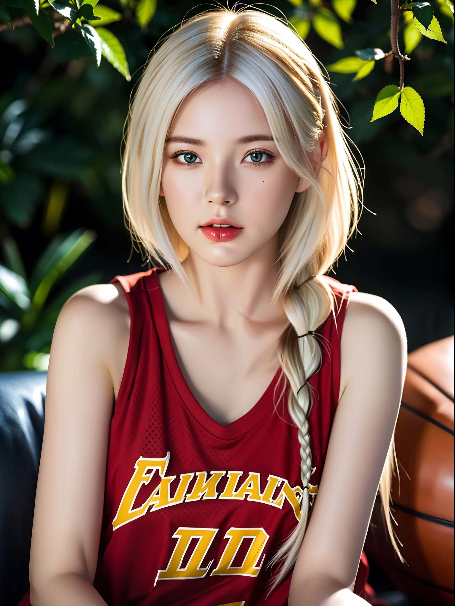 (hyperrealistic), (illustration), (high resolution), (8K), (extremely detailed), (best illustration), (beautiful detailed eyes), (best quality), (ultra-detailed), (masterpiece), (wallpaper), (photorealistic), (natural light), (rim lighting), (detailed face), (high detailed realistic skin texture), (anatomically correct), (solo), (1 girl), (high detailed realistic hair), (white hair:1.2), (two braided hair), (heterochromic eyes), (detailed green eyes), (small moles under the eyes), (realistic big breasts:1.3), (plump breasts:1.3), (exposed breasts:1.3), (long legs), (slender abs), (dynamic pose), (closed mouth:1.2), (red basketball shirt:1.2), (upon body from head to thighs:1.2), (bare shoulders), (standing at basketball field), (sexy outfit),