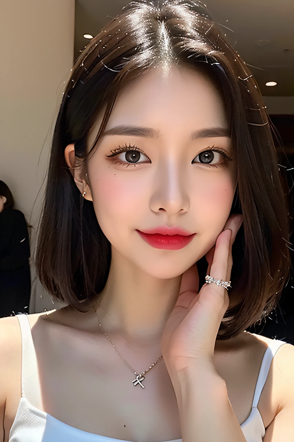 (Best quality, 8k, 32k, Masterpiece, UHD:1.2),Photo of Pretty Japanese woman, 1girl, (short dark brown hair), double eyelid, large breasts, casual white dress, jewelry, necklace, rings with diamond, touching ear