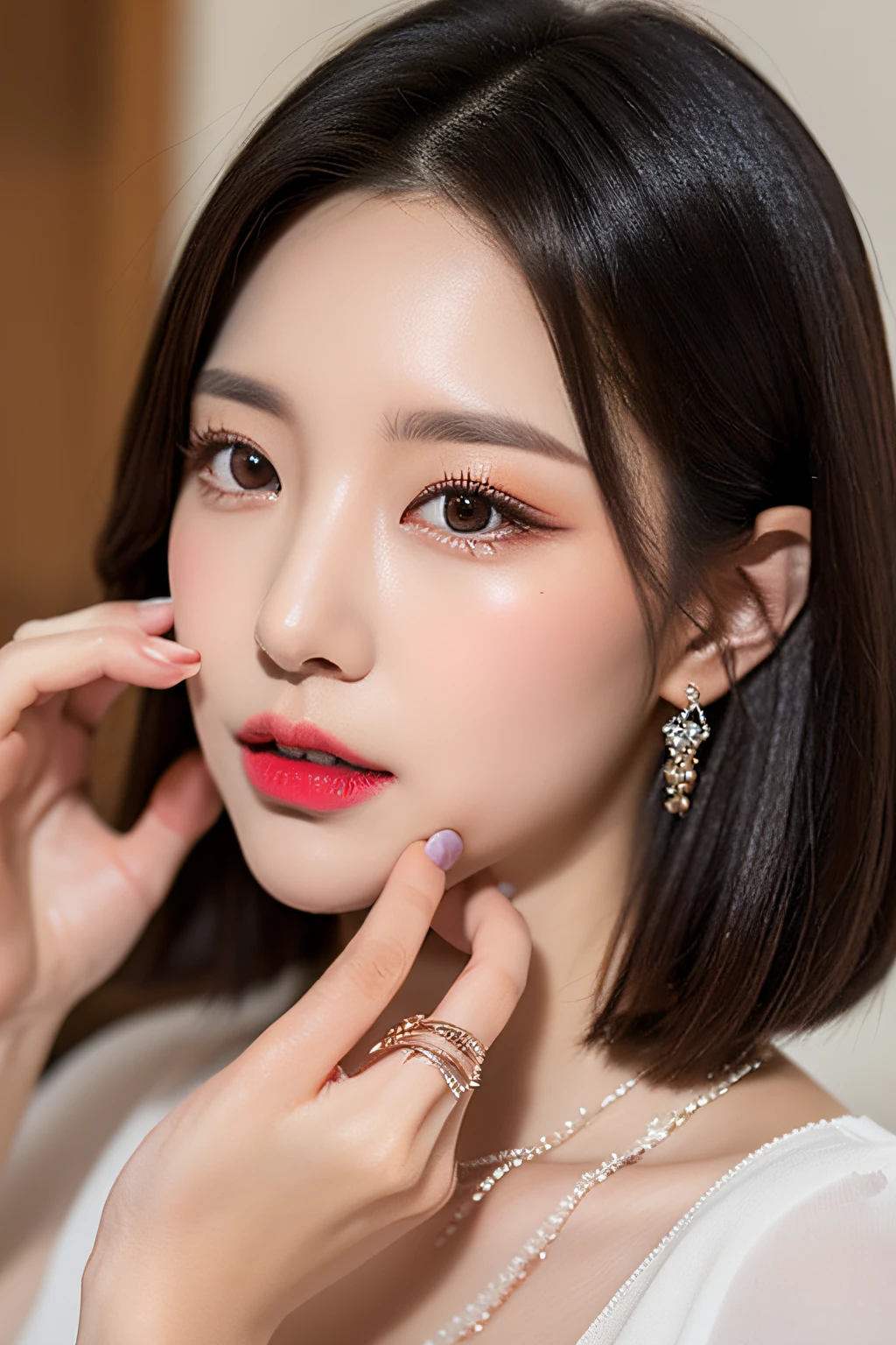 (Best quality, 8k, 32k, Masterpiece, UHD:1.2),Photo of Pretty Japanese woman, 1girl, (short dark brown hair), double eyelid, large breasts, casual white dress, jewelry, necklace, rings with diamond, touching ear