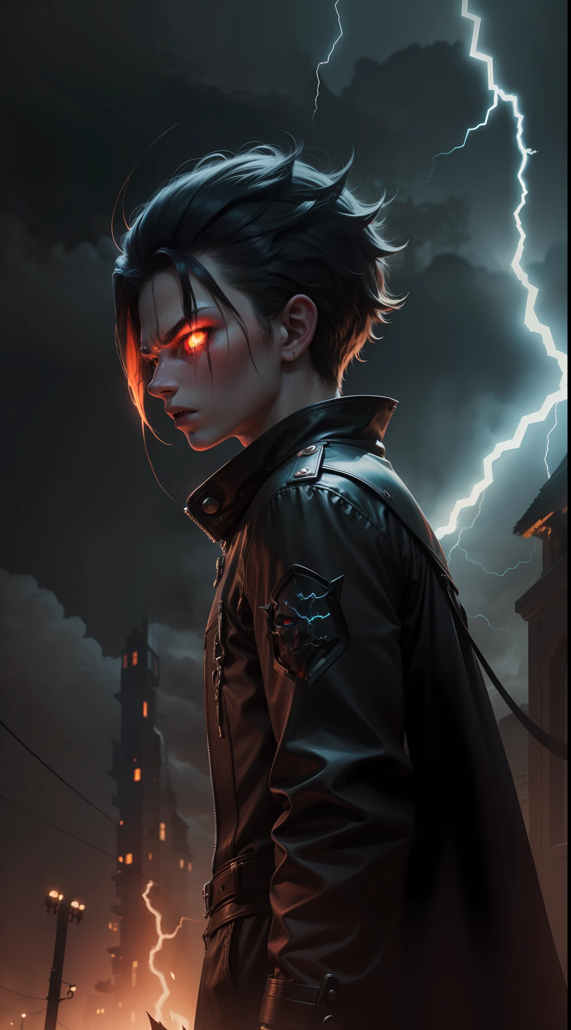 a young evil electric demonic humanoid made of lightning, dark, horror, fall weather, night time, fire, 1600s