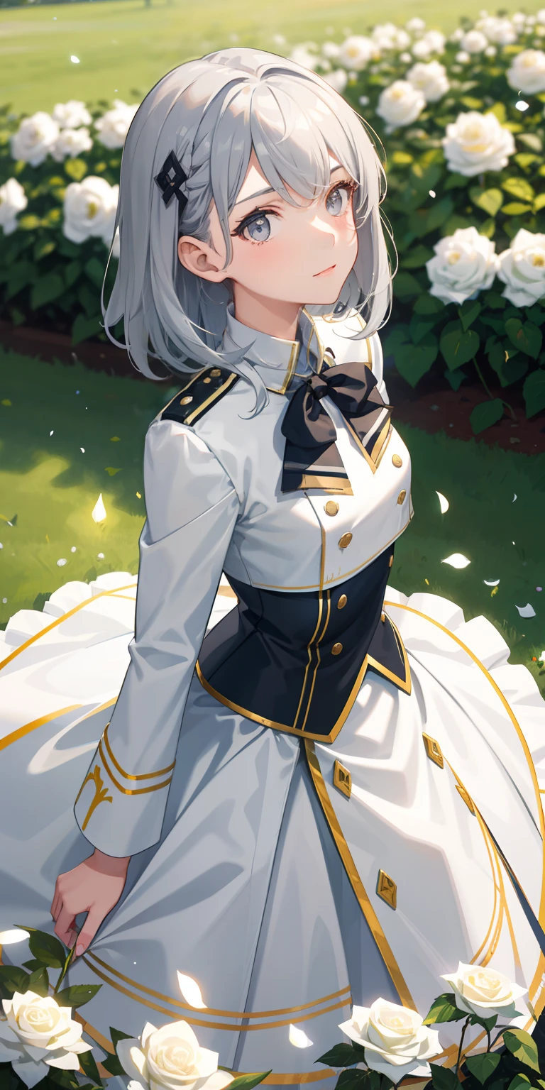 1girl, with light glowing, sidelighting,（tmasterpiece，best qualtiy），Commander's uniform，teens girl，cabelos preto e longos，Silver-gray eyes，Stand on the lawn of white rose bushes，Side face turned to look at me，I look up