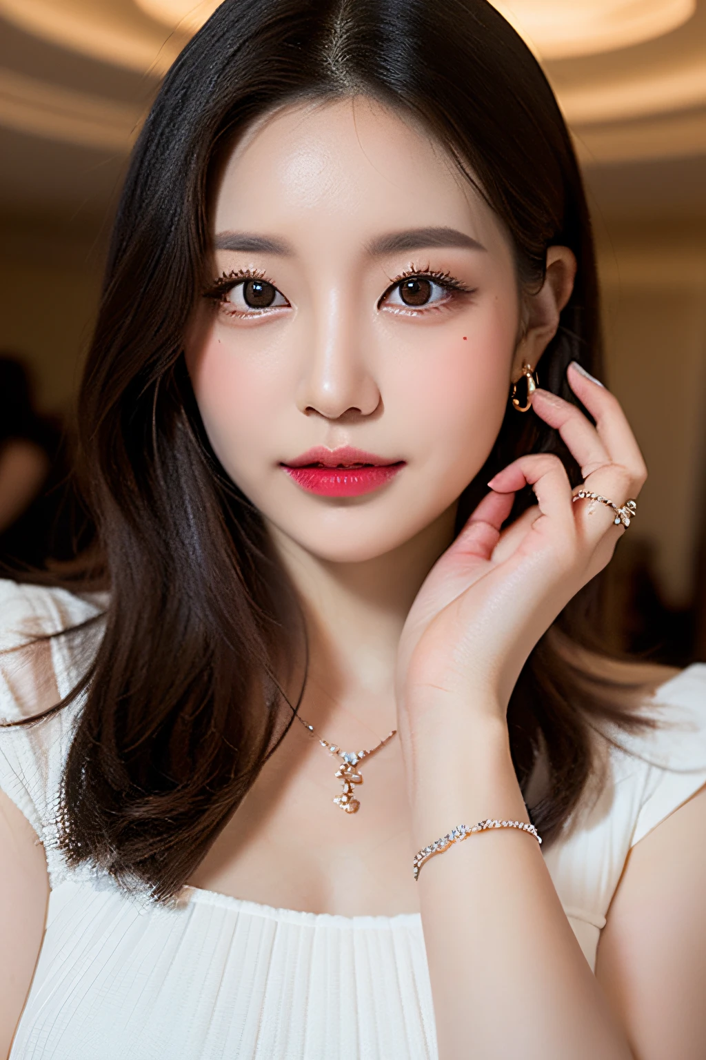 (Best quality, 8k, 32k, Masterpiece, UHD:1.2),Photo of Pretty Japanese woman, 1girl, (short dark brown hair), double eyelid, large breasts, casual white dress, jewelry, necklace, rings with diamond, touching ear