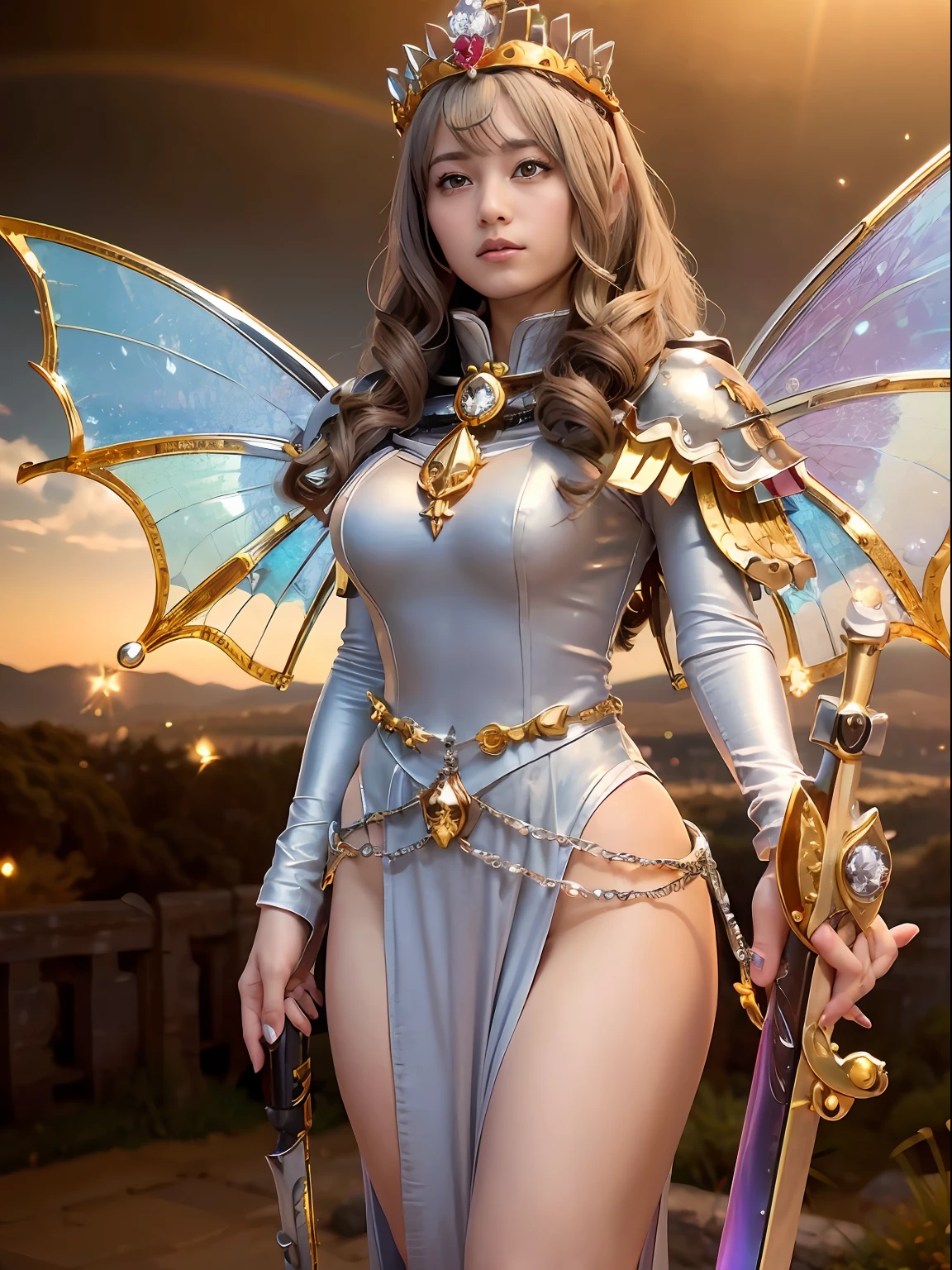 (masutepiece), Professional , ​masterpiece、top-quality、photos realistic , depth of fields （Gemstone Silver Metal Body:1.９),(Matte Silver、Jewel Gold Weapon、（Gorgeous castle background）、（ultimate beauty girl）、（Rainbow fairy wings grow）、（Jewel Metal Body:1.９),Gorgeous Jewel Metal Weapons , Detailed Sword of the Brave ,（ a blond）   ,warhammer 40k ,(（maikurobikini）)、Particles of light、 adepta sororitas,Detail and ornate jewel crown、独奏、Brown hair、（Gangle's forest background）、Beautiful Caucasian beauty、１a person、dynamic ungle,(((Diamond tiara with detail and luxury)))、a small face、Powerful poses、（Gorgeous castle background）、huge filesize、20 year old beautiful woman、Thin female fingers、Straight long hair、Beautiful Caucasian beauty、Valley、Fairy of Light、Particles of light、