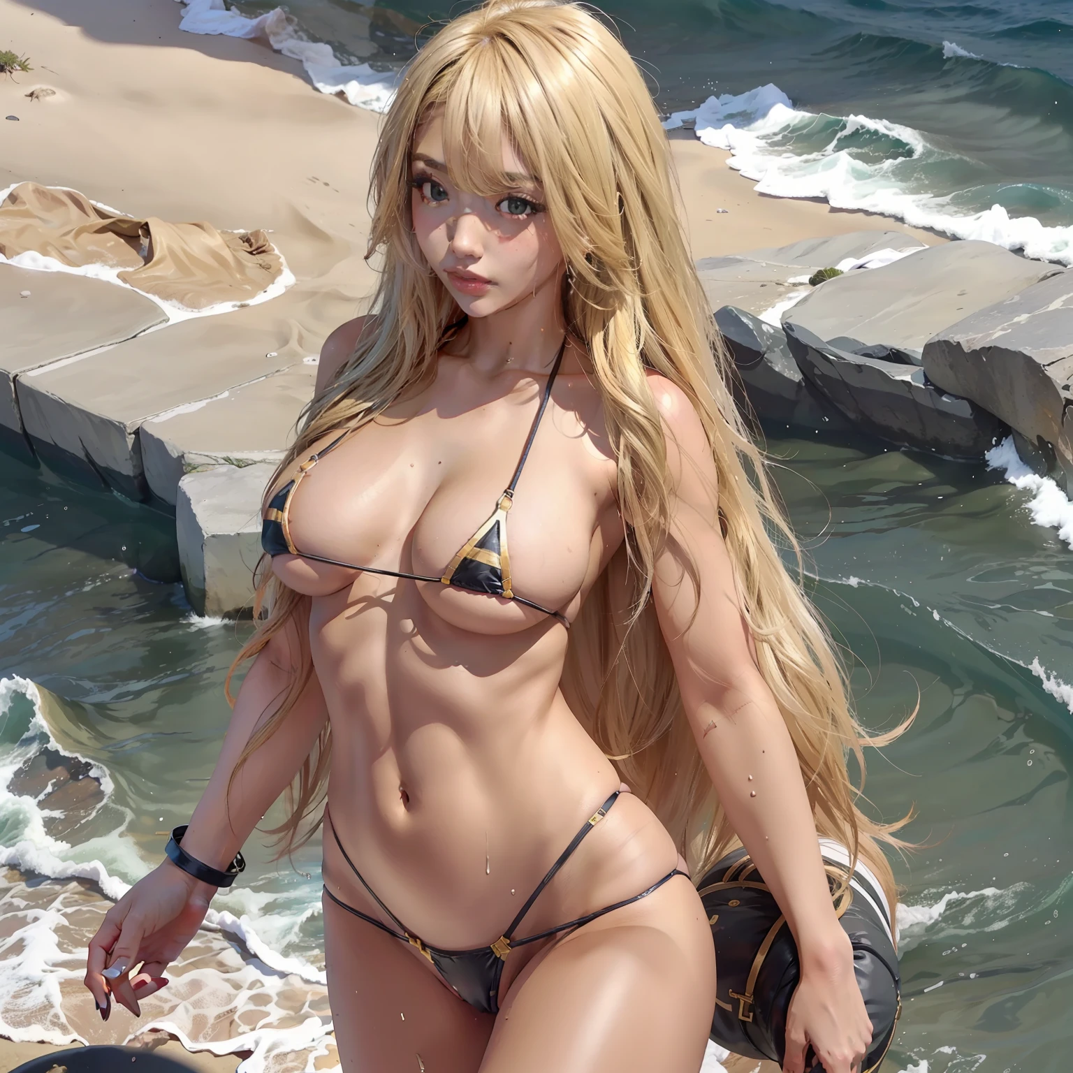 A Japanese Lady、28yr old、tanned skin、gals、highres photograph、the beach,large tits,blond hair、Black tanned skin、Golden Bikini、fully body photo、wetted skin