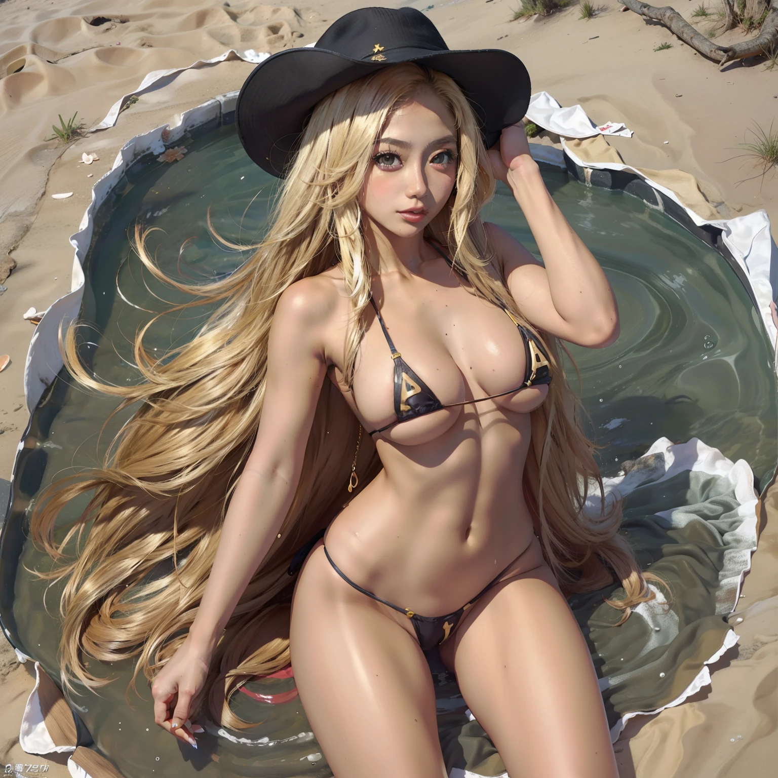 A Japanese Lady、28yr old、tanned skin、gals、highres photograph、the beach,large tits,blond hair、Black tanned skin、Golden Bikini、fully body photo、wetted skin