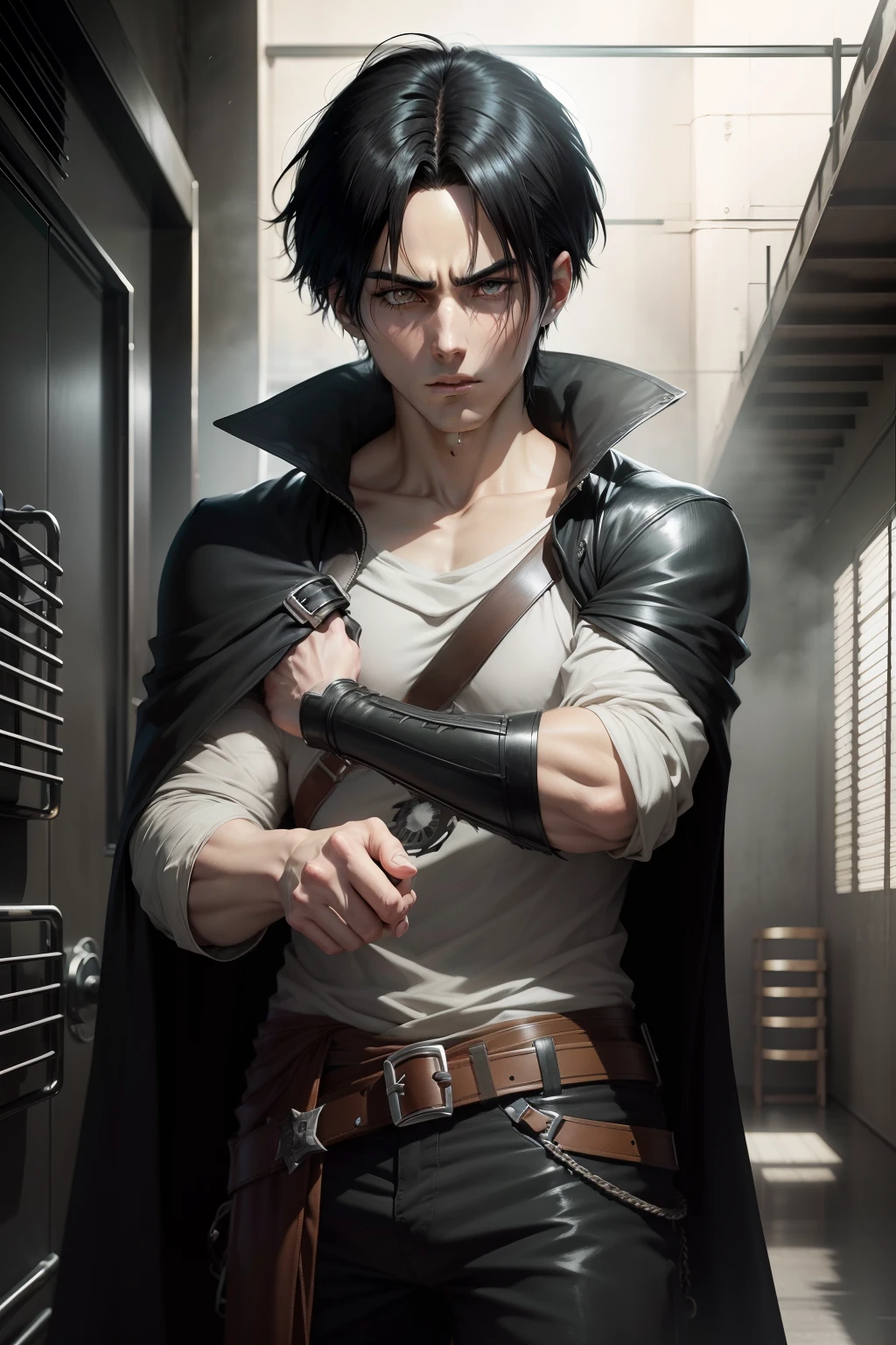anime character with black hair and a black cape holding a finger up, levi ackerman, portrait of eren yeager, from attack on titan, eren yeager, (attack on titans anime), eren jaeger, shingeki no kyojin, in attack on titan, snk, 🚿🗝📝, attack on titan anime style