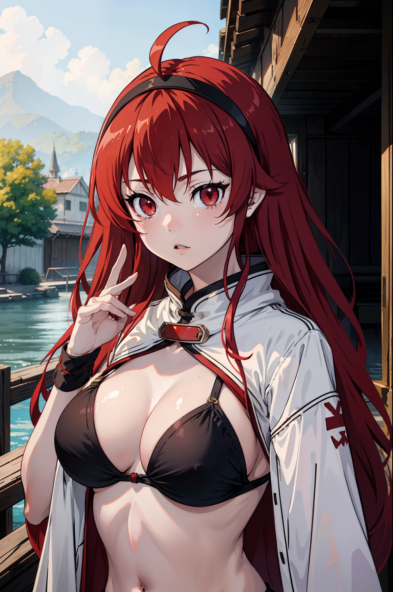 upper body, 1girl, Eris Greyrat, red hair, red eyes, ahoge, hairband, (bikini: 1.2), outdoor ((masterpiece)), high detailed illustration, high detailed background, hi-res