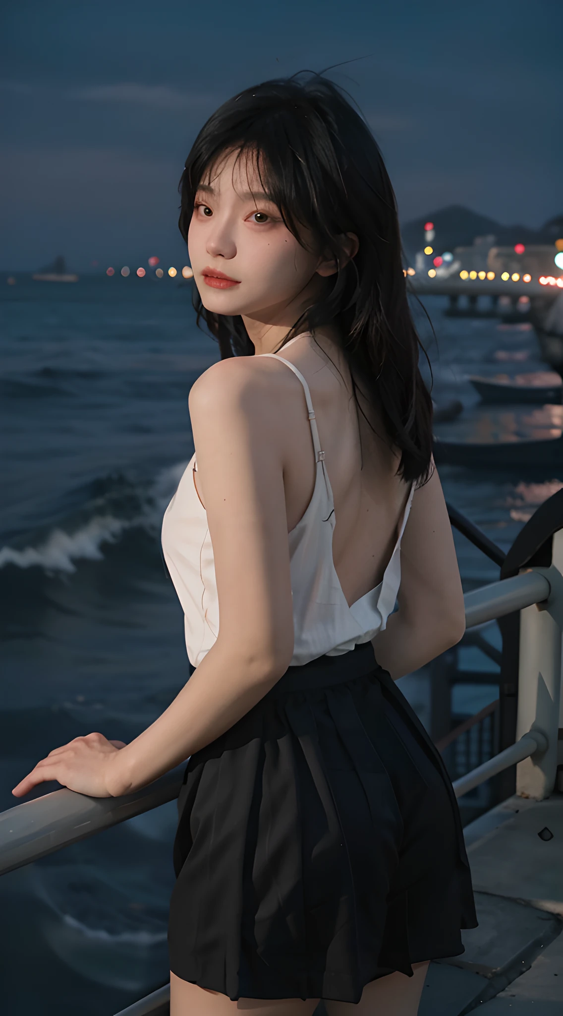 8K,the night,by the sea,Turn your back to the camera,best qualtiy,tmasterpiece,超高分辨率,(真实感:1.4),RAW photogr,(True skin texture:1.3),(filmgrain:1.3),(Selfie angle),1个Giant Breast Girl,Beautiful eye and face details,tmasterpiece,Best quality at best,closeup cleavage,The upper part of the body,Looking at the sea,a skirt