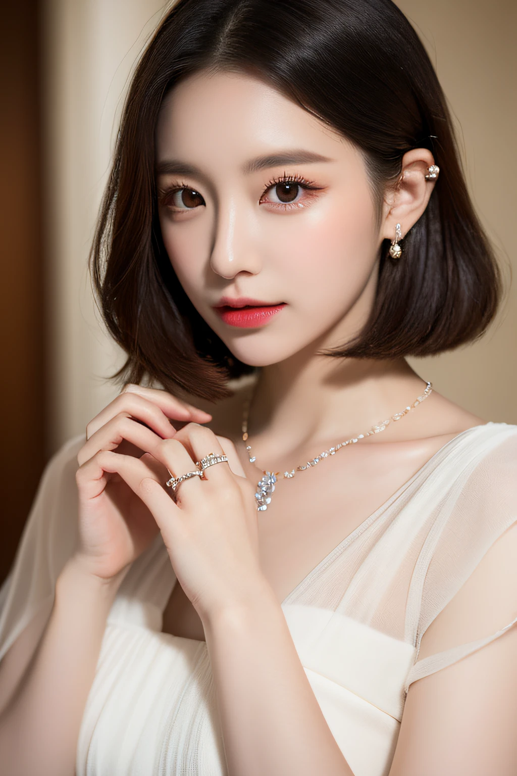 (Best quality, 8k, 32k, Masterpiece, UHD:1.2),Photo of Pretty Japanese woman, 1girl, (short dark brown hair), double eyelid, large breasts, casual white dress, jewelry, necklace, rings with diamond, touching ear