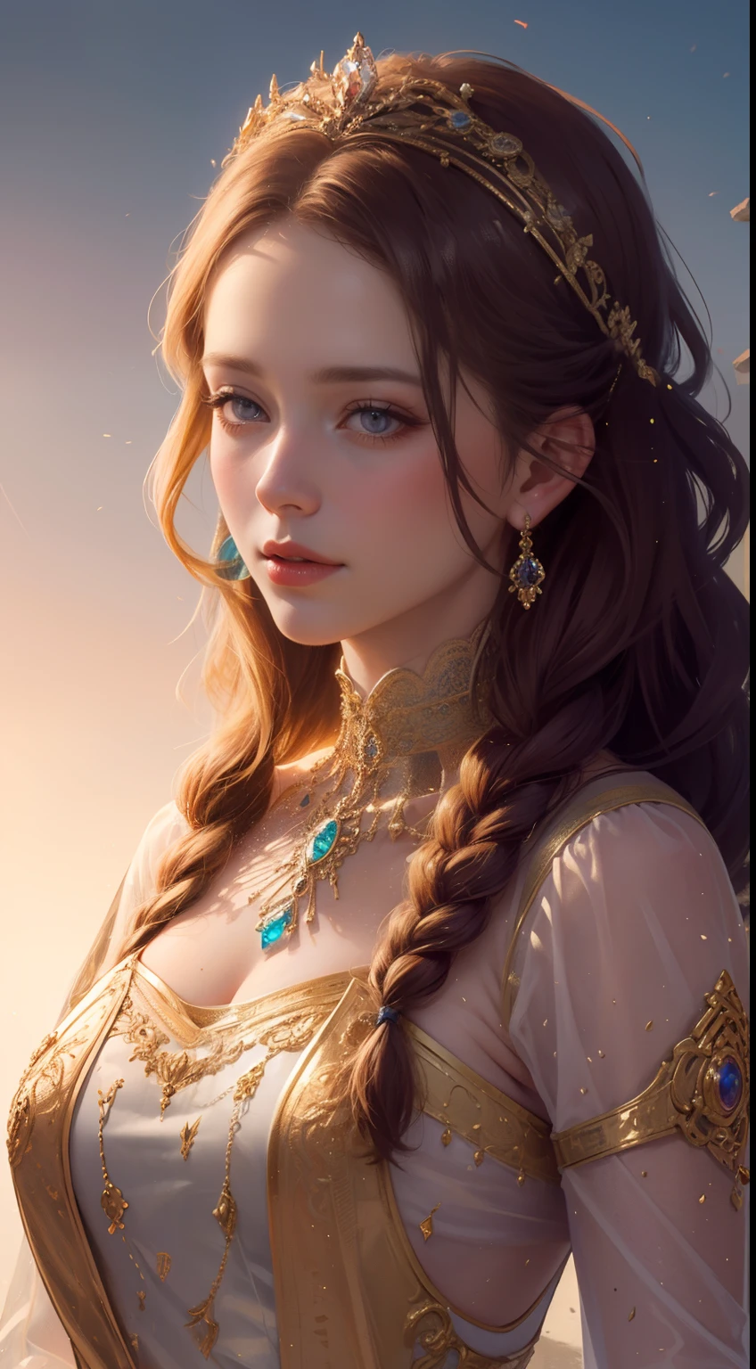 tmasterpiece，Highest high resolution，Dynamic bust of beautiful royal lady，Delicate brown-red braided hair，Purple clear eyes，The hair is covered with beautiful and delicate floral craftsmanship, Crystal jewelry filigree，Ultra-detailed details，upscaled。softlighting。