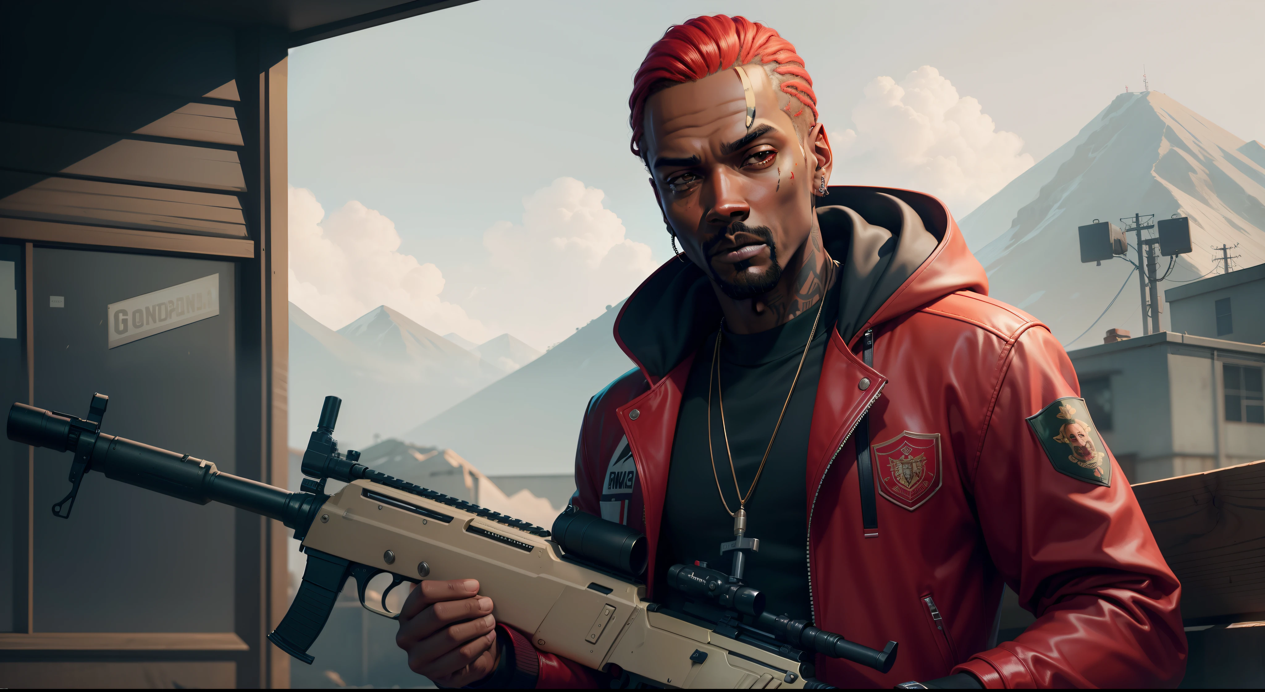 There's a man holding a gun on a wooden deck, gta personagem, Como o protagonista de GTA 5, GTA V Estilo, como um personagem de gtav, Kanye West em GTA v, drake em gta v, Estilo GTA5, gta v personagem, empunhando fuzil de assalto, Snoop Dogg em GTA V, gta 5 tom de pele, Jesse Pinkman em GTA v, jaqueta vermelha,AK-47 rifle, cenario de fundo uma favela estilo brasileira, e o personagem com calelo vermelho