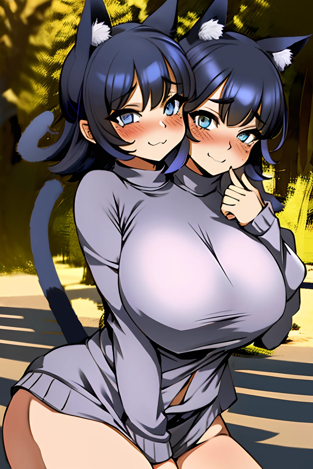 2heads, a short fat woman with 2 heads. She has extremely massive breasts. She is a cat girl. She has cat ears. She has a cat tail. She looks playful and seductive. She is blushing. She has big fat breasts. She is a slutty cat girl with enormous breasts. She outside in a park on a sunny day. She looks aroused. She has enormous fat tits. She is wearing a tight sweater. Her breasts are enormous.