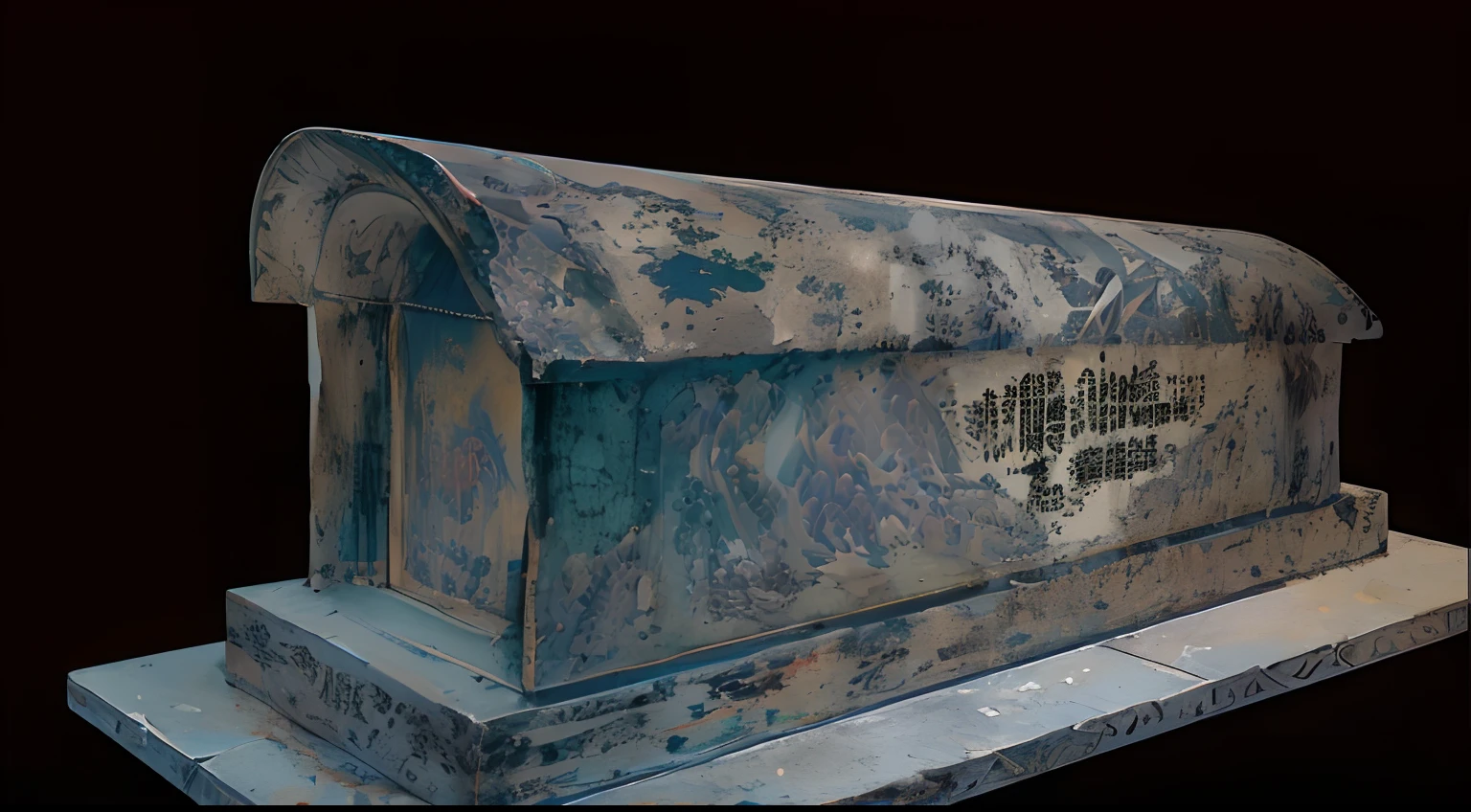 There is a sarcophagus on a black background,It has a dragon motif on it, author:Liao Zhichun, author:Tan Yang Kano, tomba, ancient chinese ornate, author:Shen Zhecai, chinese dragon engrave, author:Li Zai, Carved stone, author:Liu Haisu, side view intricate details, author:Xiu Wen Tianzheng