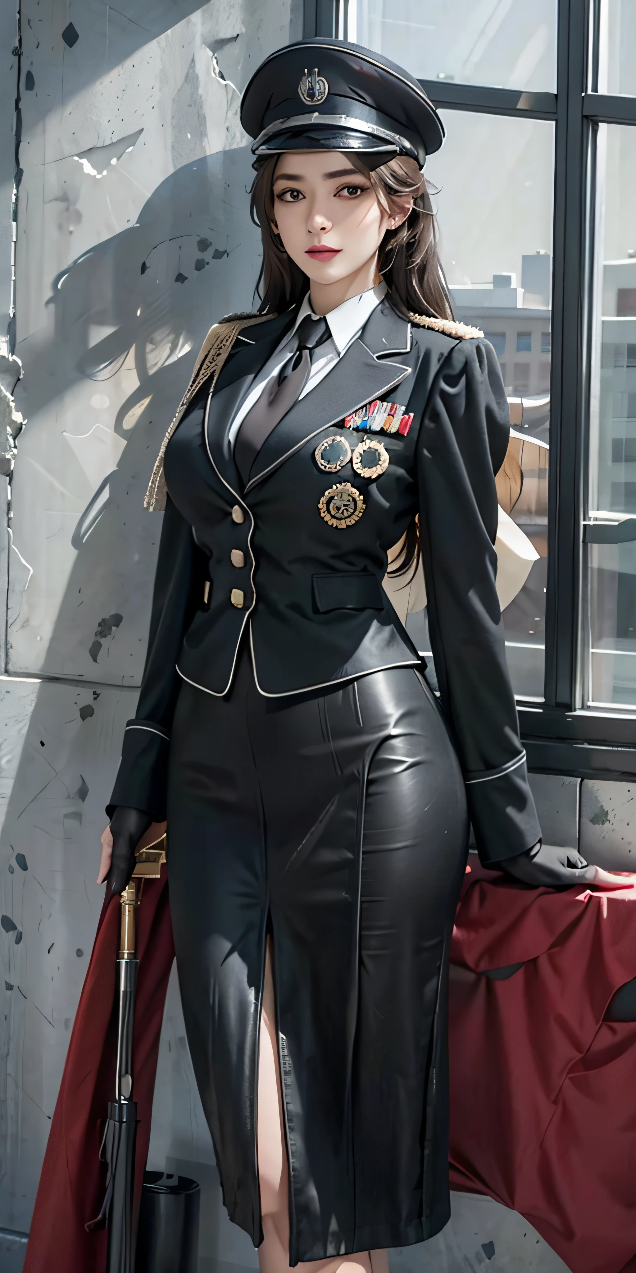 photorealistic, high resolution, soft light,1women, solo, hips up, (detailed face),tattoo, jewelry, badge, necktie, german/(military uniform/), pencil skirt