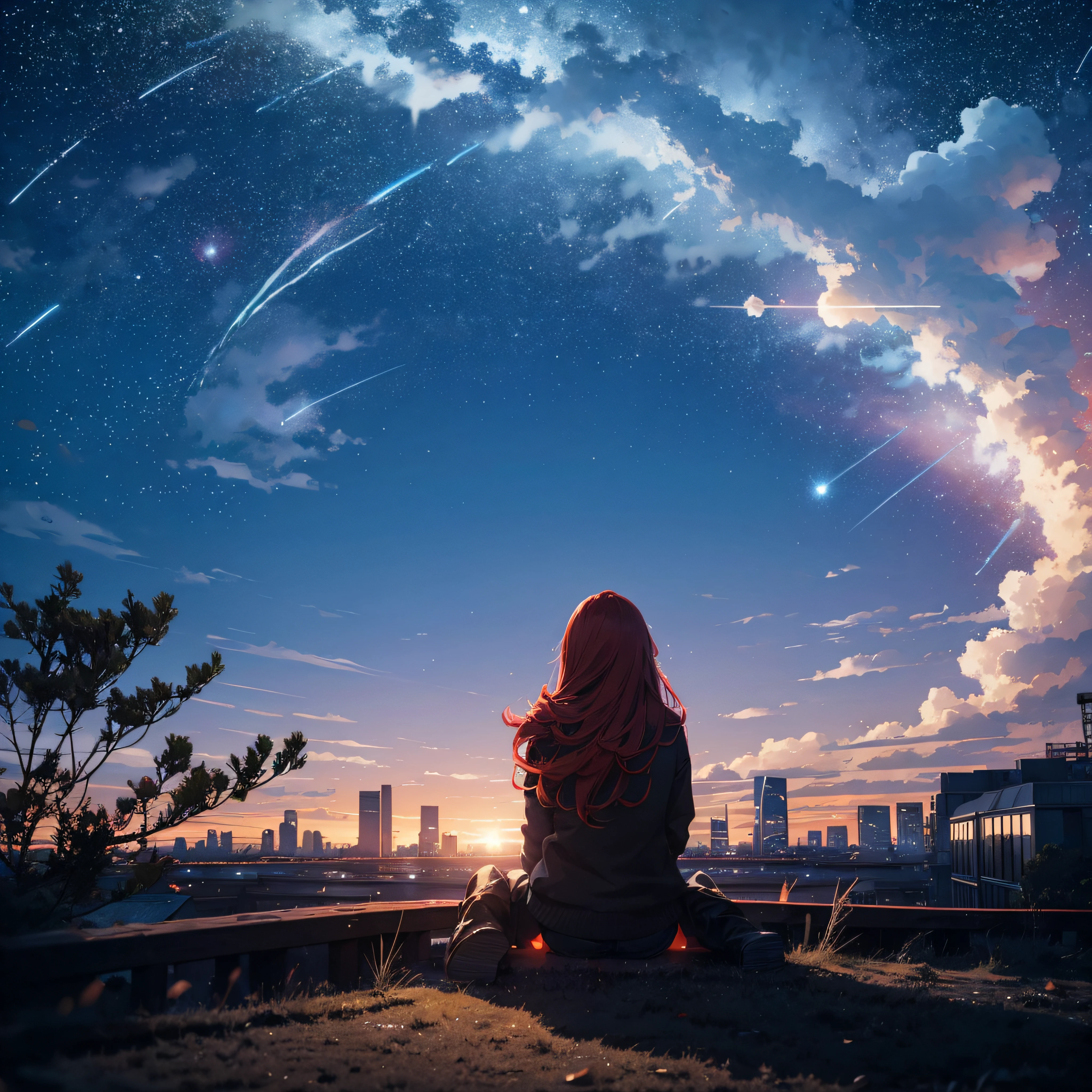octans, sky, star (sky), scenery, starry sky, night, 1girl, night sky, solo, outdoors, building, cloud, comets, milky way, sitting, tree, long red hair, white shirt, golden eyes, black panties, sexy, city, silhouette, cityscape, amazing.