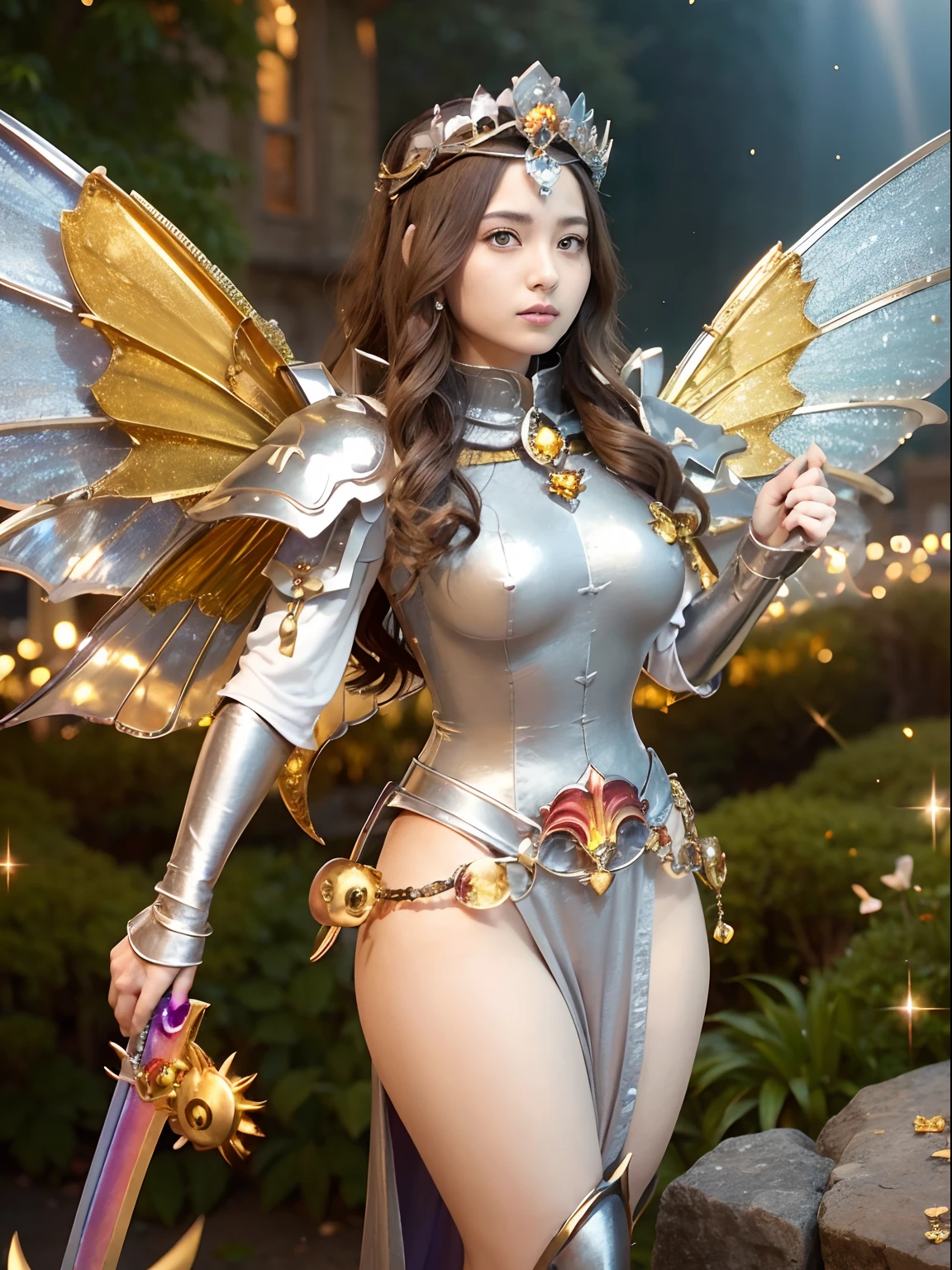 (masutepiece), Professional , ​masterpiece、top-quality、photos realistic , depth of fields （Gemstone Silver Metal Body:1.９),(Matte White、Jewel Gold Weapon、（Gorgeous castle background）、（ultimate beauty girl）、（Iridescent fairy wings grow on her）、（Metal:1.９),Gorgeous Jewel Metal Weapons , Detailed Sword of the Brave ,（ Micro Bikini）   ,warhammer 40k , adepta sororitas,Detail and ornate jewel crown、独奏、Brown hair、（Gangle's forest background）、Beautiful Caucasian beauty、１a person、dynamic ungle,(((Diamond tiara with detail and luxury)))、a small face、Powerful poses、（Gorgeous castle background）、20 year old beautiful woman、Stand in the center of the screen、Thin female fingers、Straight long hair、Beautiful Caucasian beauty、Hair fluttering in the wind、Particles of light、Micro Bikini、The wind is blowing、