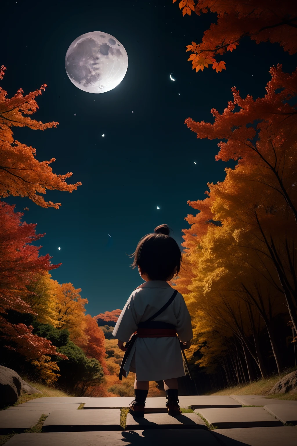 Chibi Samurai、Colored leaves、Moon Night、Looking up at the moon、posterior view