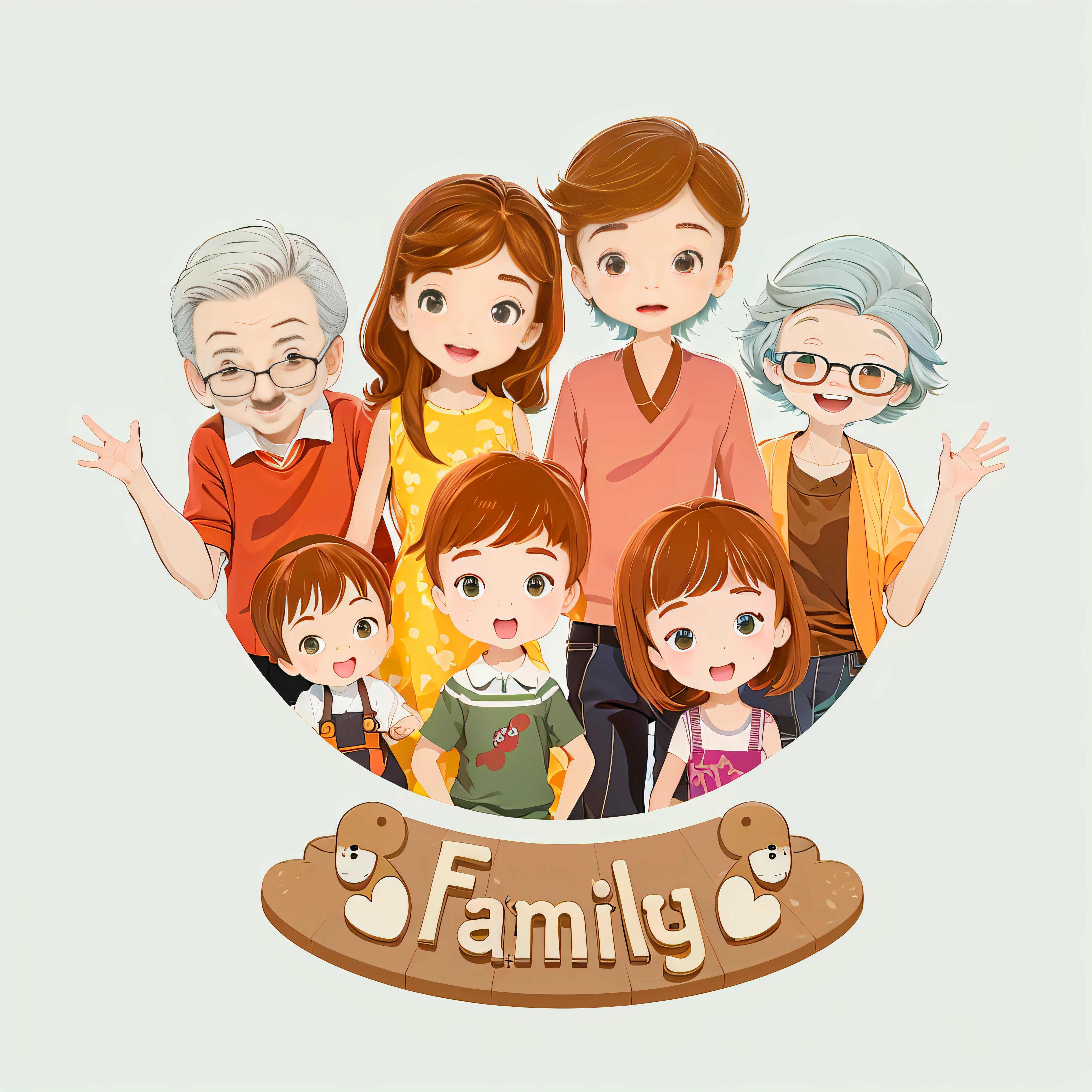 best qualtiy,tmasterpiece,超高分辨率,Cartoon family portrait, Grandpa and grandma, Dad and mom, Three girls, kids cartoon,Happy family, Cartoon image, Avatar image, different ages, A cartoon illustration, family friendly, group of people