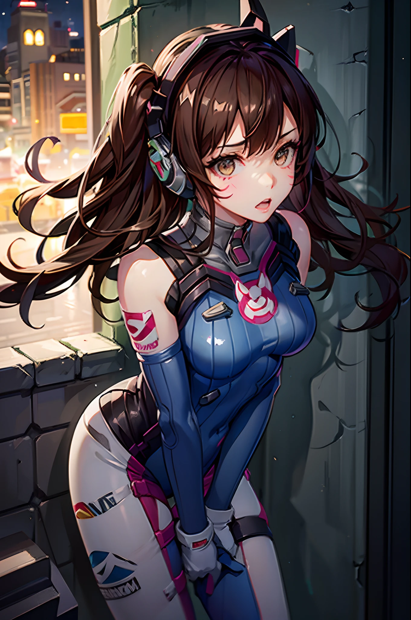 1girll, (D.va (Overwatch):0.8), Solo, Long hair, whisker markings, tightsuit, Brown hair, face markings, mitts, Breasts, Brown eyes, pilotsuit, Cowboy shot, Earphone, White gloves, Medium breasts, sweeping bangs, skin tight, Animal print, bangs, Bunny print, Ribbed one-piece tights, facepaint, Pink lips, leaning back against the wall, holding gun, Serious look, questionable, caring, investigative, Dark Alley, Night, Night sky, Red light, (Silhouette, hard light:1.2),