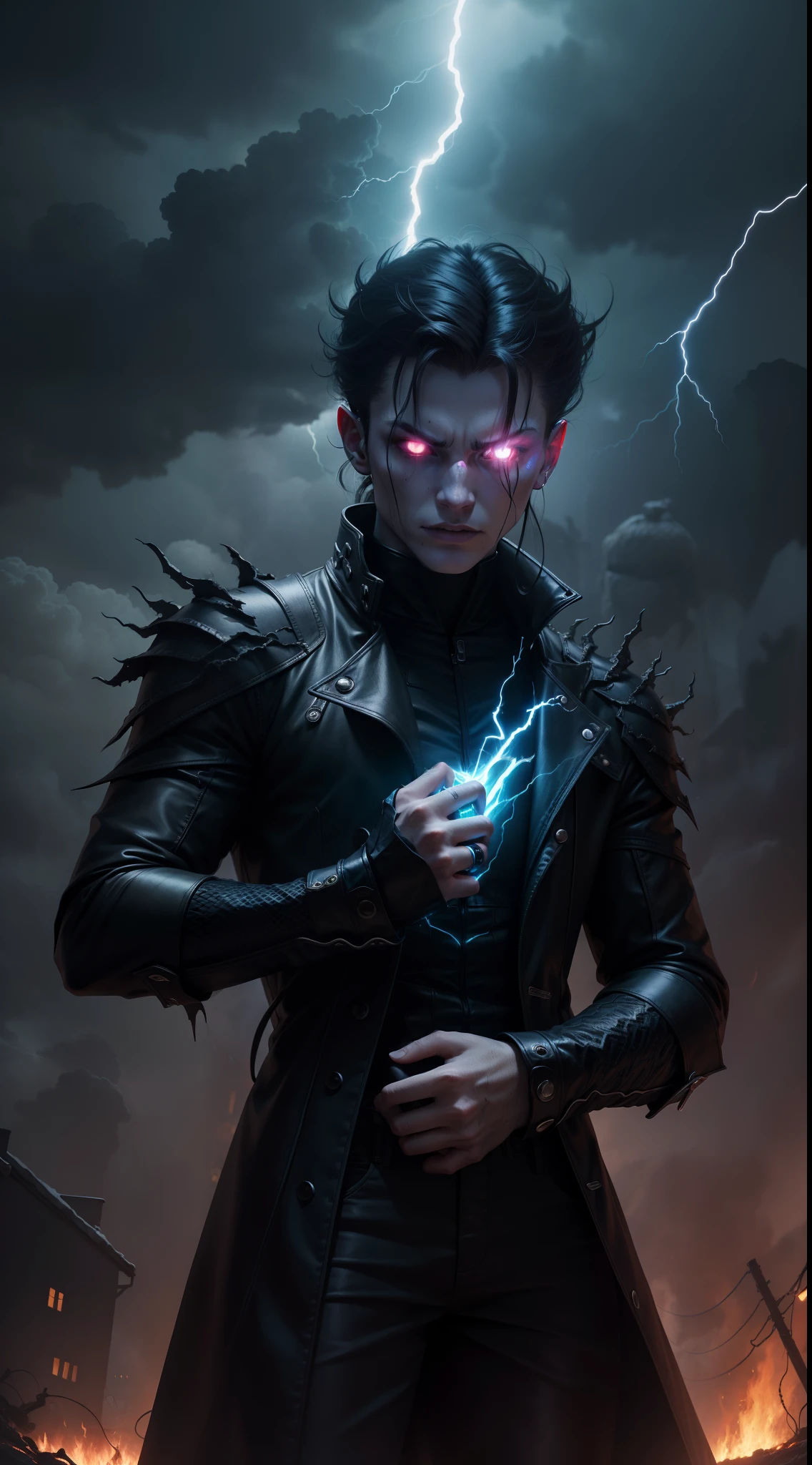 a young evil electric demonic humanoid made of lightning, dark, horror, fall weather, night time, fire, 1600s