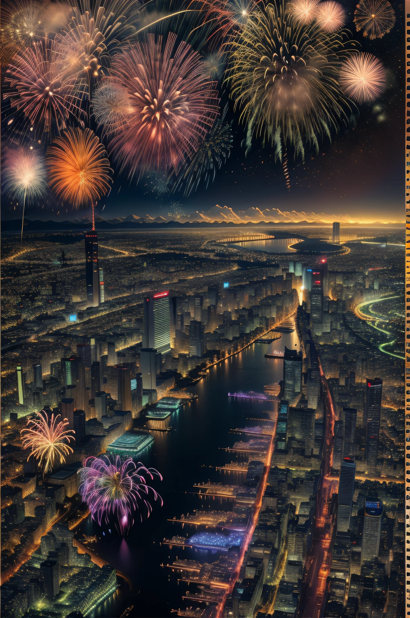 Fireworks seen from the sky、Tokyo Bay、