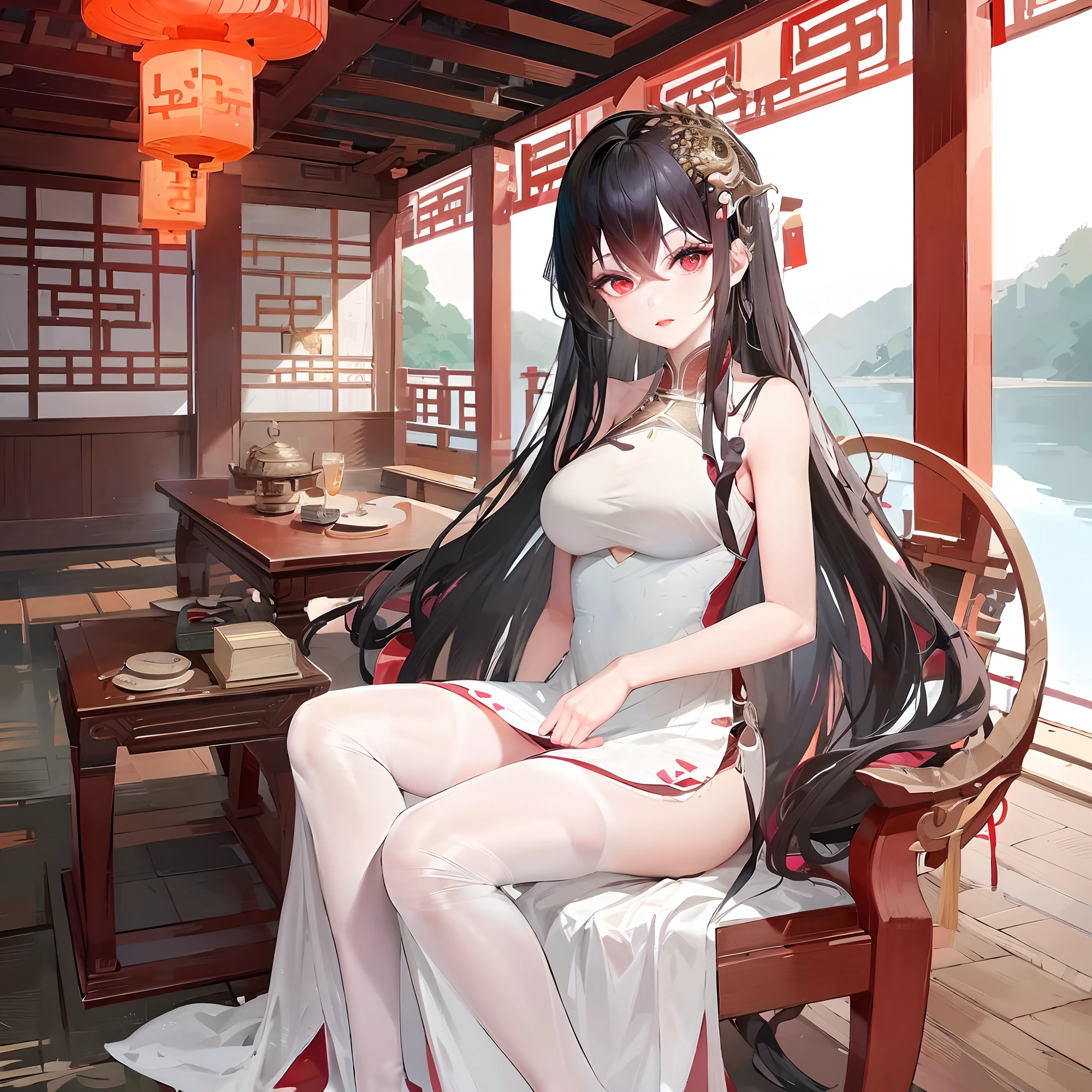 Anime girl sitting in chair in room，There was a table and chairs, Palace ， A girl in Hanfu, cute anime waifu in a nice dress, full-body xianxia, Guviz, seductive anime girls, with acient chinese clothes, Cheongsam, Chinese dress, trending on cgstation, Chinese style