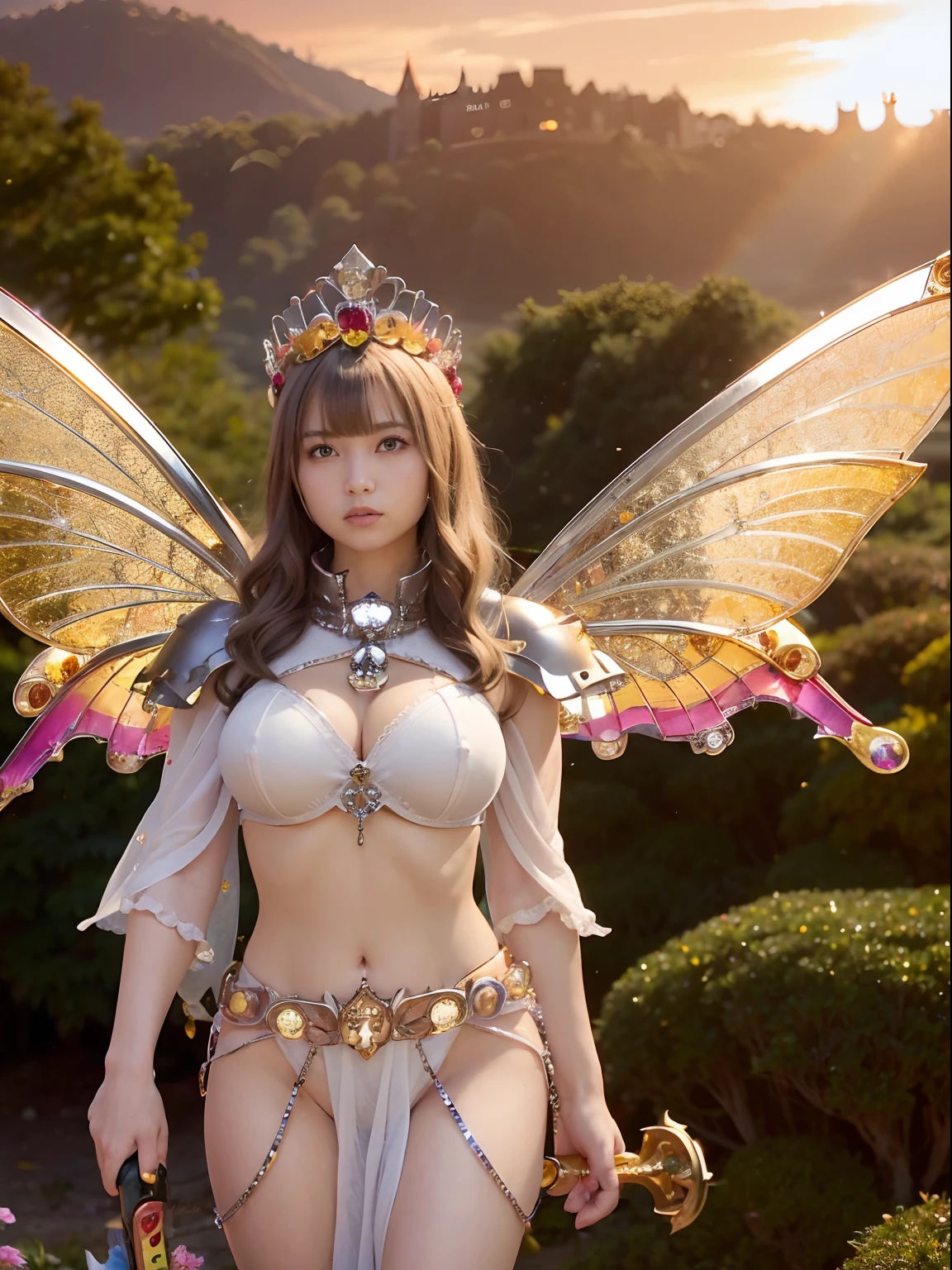 (masutepiece), Professional , ​masterpiece、top-quality、photos realistic , depth of fields （Gemstone Silver Metal Body:1.９),(Matte Silver、Jewel Gold Weapon、（Gorgeous castle background）、（ultimate beauty girl）、（Rainbow fairy wings grow）、（Jewel Metal Body:1.９),Gorgeous Jewel Metal Weapons , Detailed Sword of the Brave ,（ a blond）   ,warhammer 40k ,(（maikurobikini）)、Particles of light、 adepta sororitas,Detail and ornate jewel crown、独奏、Brown hair、（Gangle's forest background）、Beautiful Caucasian beauty、１a person、dynamic ungle,(((Diamond tiara with detail and luxury)))、a small face、Powerful poses、（Gorgeous castle background）、huge filesize、20 year old beautiful woman、Thin female fingers、Straight long hair、Beautiful Caucasian beauty、Valley、Fairy of Light、Particles of light、