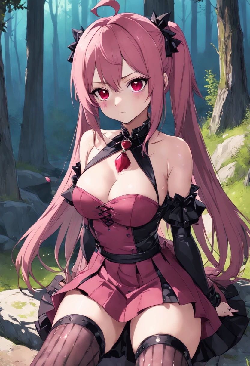rock, 1girl, solo, dark pink makeup, pink lipsticks, breasts, skirt, large breasts, long hair, twin ponytails, detailed eyes, wine red attire, sexy attire, spiked attire, black and red checkered skirt, spiked collar, spiked, fishnet stockings, devilish, rose meadow, nature, forest, ambient, air, sitting, rock, night, masterpiece, best quality, highly detailed