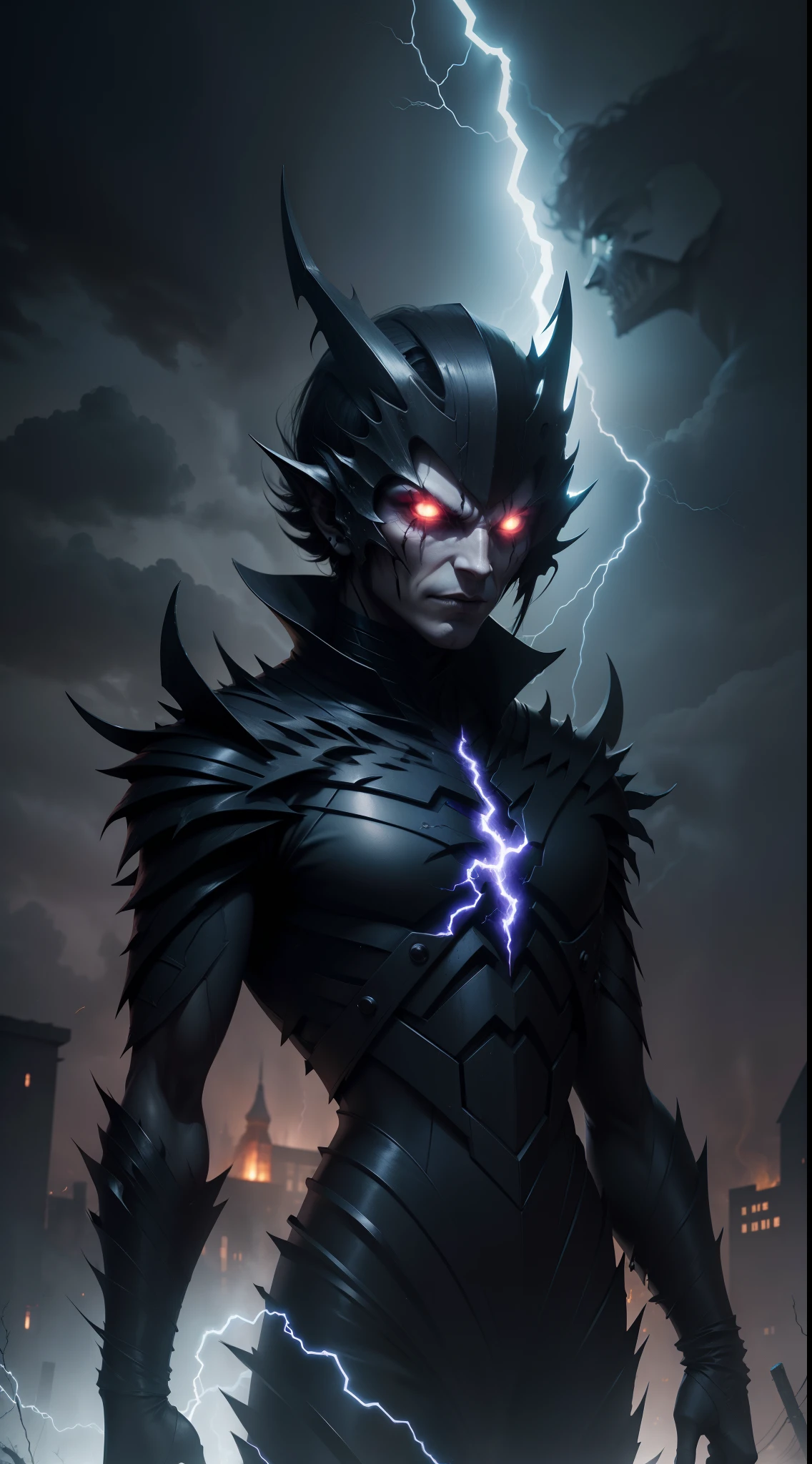 a young evil electric demonic humanoid made of lightning, dark, horror, fall weather, night time, fire, 1600s