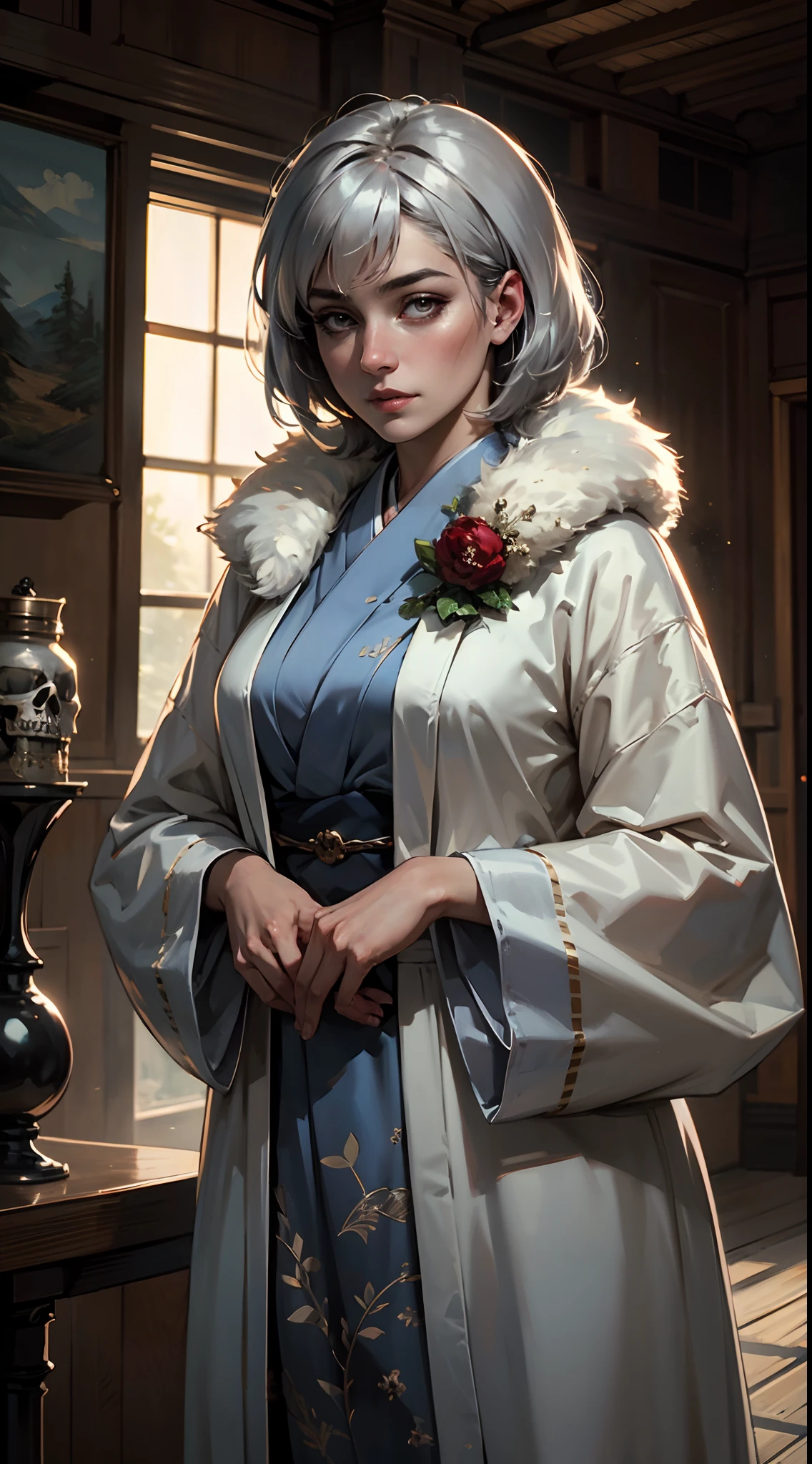 A beautiful woman with short silver-gray hair, bangs covering half of her face, delicate features, a serene expression, a dignified presence, she wears a simple full-length robe that reaches the ground, layered with a thick fur coat on top, the long sleeves of the robe bear patterns resembling animal skeletons, the character design portrays a fantasy-style practitioner character with a Japanese anime design, the artwork features finely detailed character design, showcasing a mature Japanese manga artistic style, ((character concept art)), high definition, best quality, ultra-detailed, extremely delicate, anatomically correct, symmetrical face, extremely detailed eyes and face, high quality eyes, creativity, RAW photo, UHD, 8k, (Natural light, professional lighting:1.2, cinematic lighting:1.5, best shadow), (masterpiece:1.5)