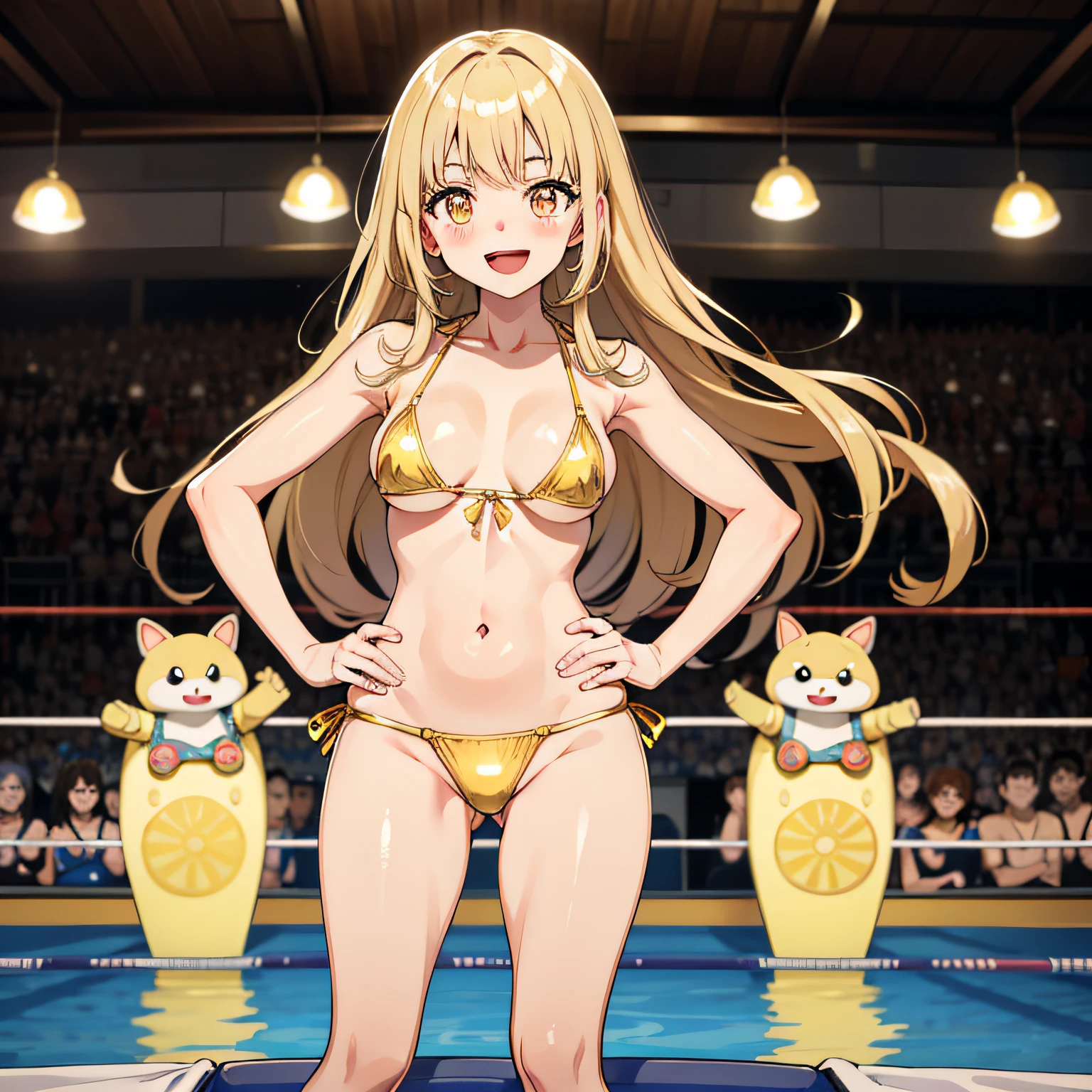 top-quality、extremely delicate and beautiful、1girl in, {{{{Kokoro Tsurumaki}}}}, {{{Band Dream!}}}, （long golden hair）, （ glowing gold eyes）, Bangs, medium breasts,（(Gold Micro Bikini)）,Smile,, [Open mouth],（Stand before you）、(Gold colored wrestling shoes)、Indoor pool、（Stand on a pool float）、Happy smile、Energetic daughter、Hands on the hips、（Niō Standing）