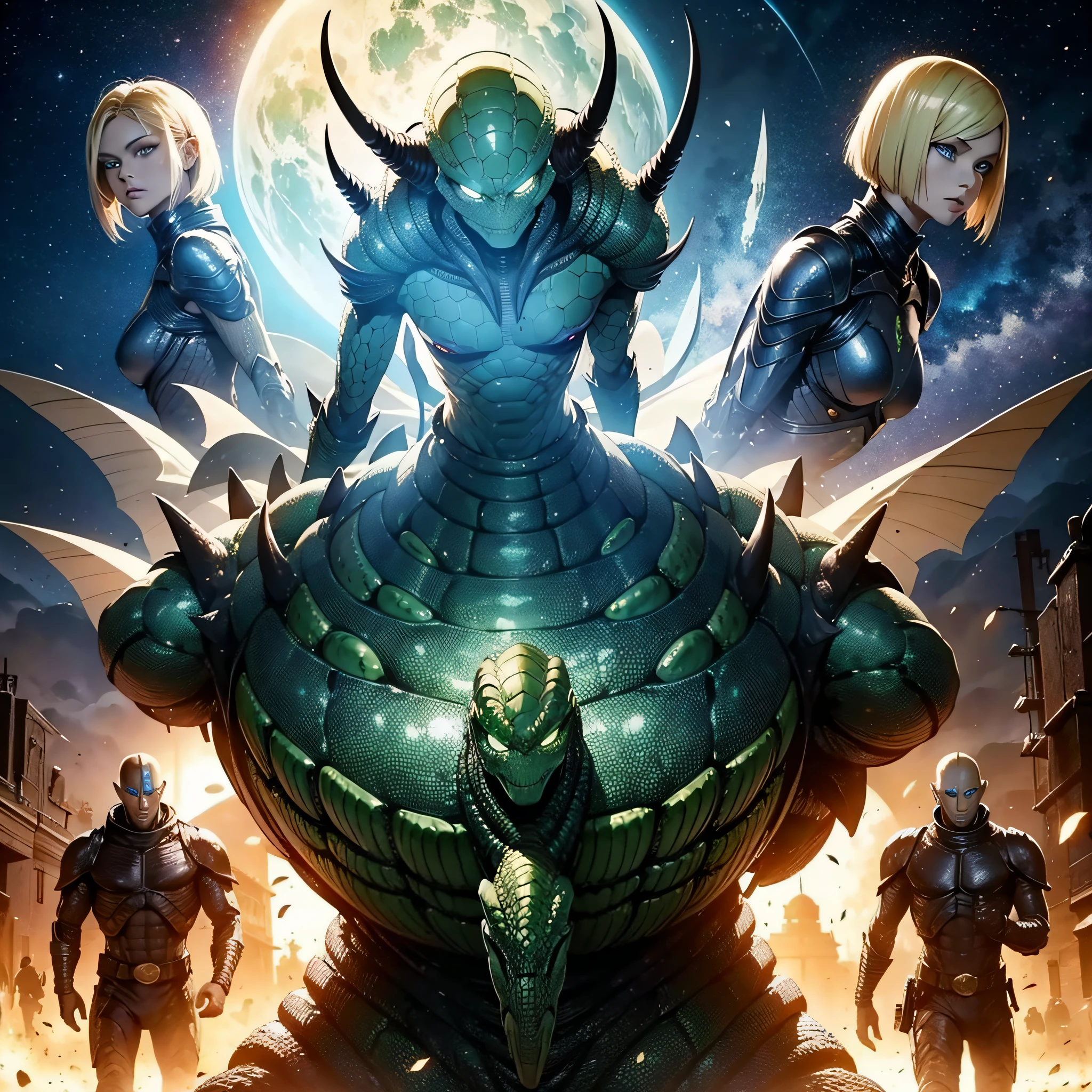 Reptile-looking aliens and western-like blond and beautiful aliens start an invasion and war on Earth.、Masterpiece、realisitic