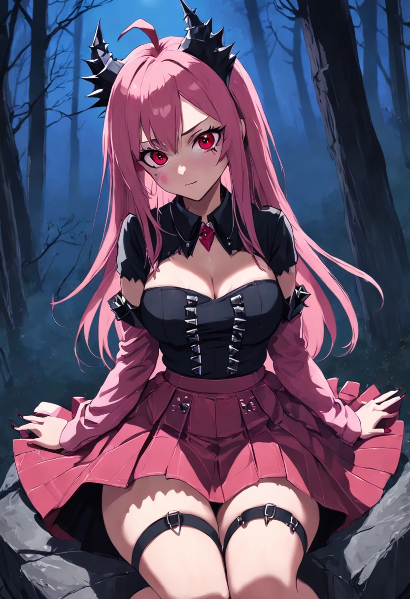 rock, 1girl, solo, dark pink makeup, pink lipsticks, breasts, skirt, large breasts, long hair, detailed eyes, wine red attire, sexy attire, spiked attire, black and red checkered skirt, spiked collar, spiked, fishnet stockings, devilish, rose meadow, nature, forest, ambient, air, sitting, rock, night, masterpiece, best quality, highly detailed