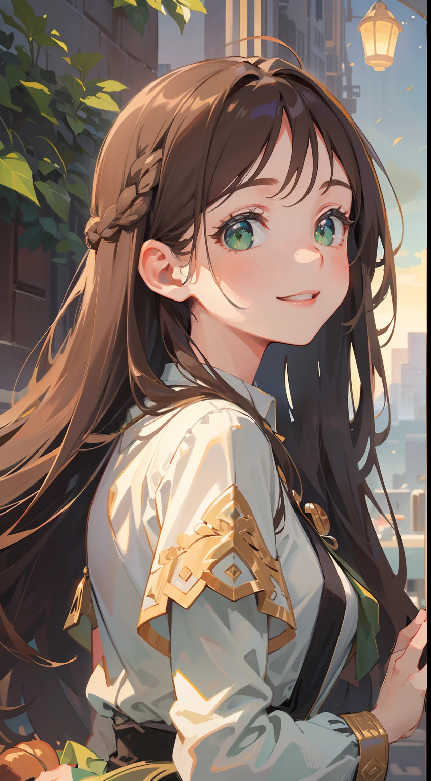(masterpiece), (best quality), ultra high res, sharp focus, ((1 woman, solo)), upper body, profile shot, beautiful detailed hair, chestnut brown hair, long hair flowing up, beautiful detailed face, green eyes, comfortable face, perfect feminine face, smiles at the viewer, in the beautiful evening city, feminine light outfit
