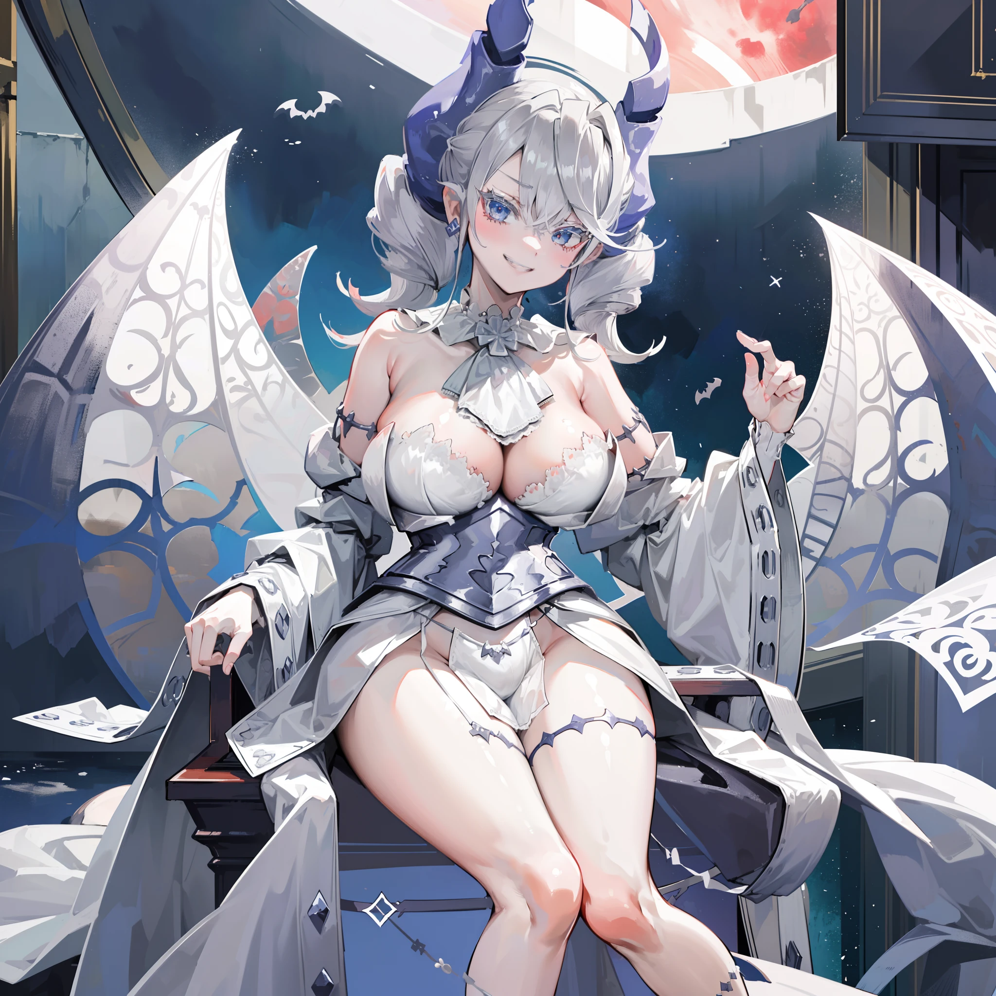 ((masterpiece)), ((Top image quality)), ((Hi-Res)), ((Ultra detailed CG unified 8k wallpaper)), 独奏, Low Angle Full Body Shot,(Bloody background)、silver castle、borgar、细致背景,遊戯王!,White hair、Woman in white robe, Seductive Anime Girl, perfect gray hair girl, ((best ratio four finger and one thumb))、(King's Chair)、Luxurious armrests、Delicate bloody throne、Bloody、Delicate black throne、Have a big weapon、Chest covered、white haired god, white hair, troll、(doyagao:1.5),Smirk,(grin),(full body Esbian),Naughty,with a big chest, legs crossed,Chic, (Bat Wings), (bright skin)、White-haired,erotick 、Big Red Moon、 beautiful alluring anime woman, White interior、stain glass、chandeliers、 ((extremely delicate and beautiful))