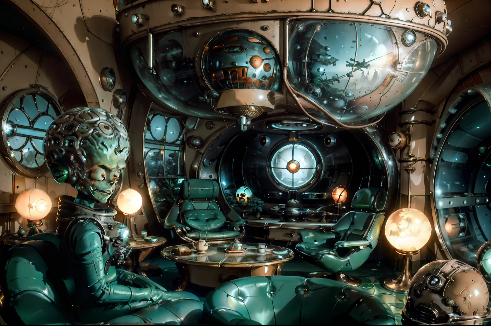 MartianS chilling out in a human house . Retrofuturistic house as background, big rounded windows, round tv, 1970's style furniture. Colorful image. Illuminated by lamps and light through the windows. Highly detailed. Photorealistic.