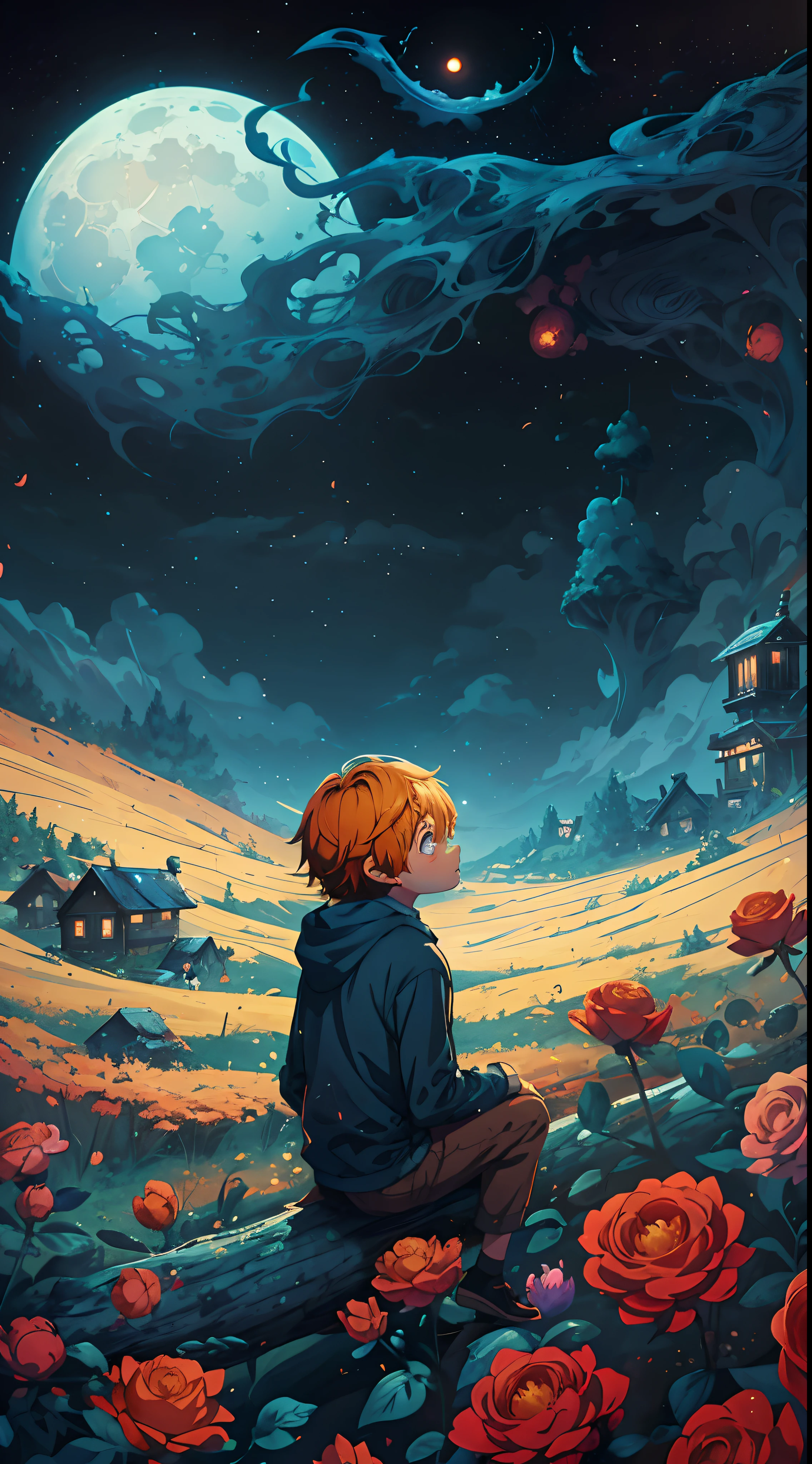 there is a boy sitting on a log looking at the moon, inspired by Cyril Rolando, cyril rolando and goro fujita, a beautiful artwork illustration, in style of cyril rolando, beeple and jeremiah ketner, makoto shinkai cyril rolando, ross tran and michael whelan, beautiful art uhd 4 k