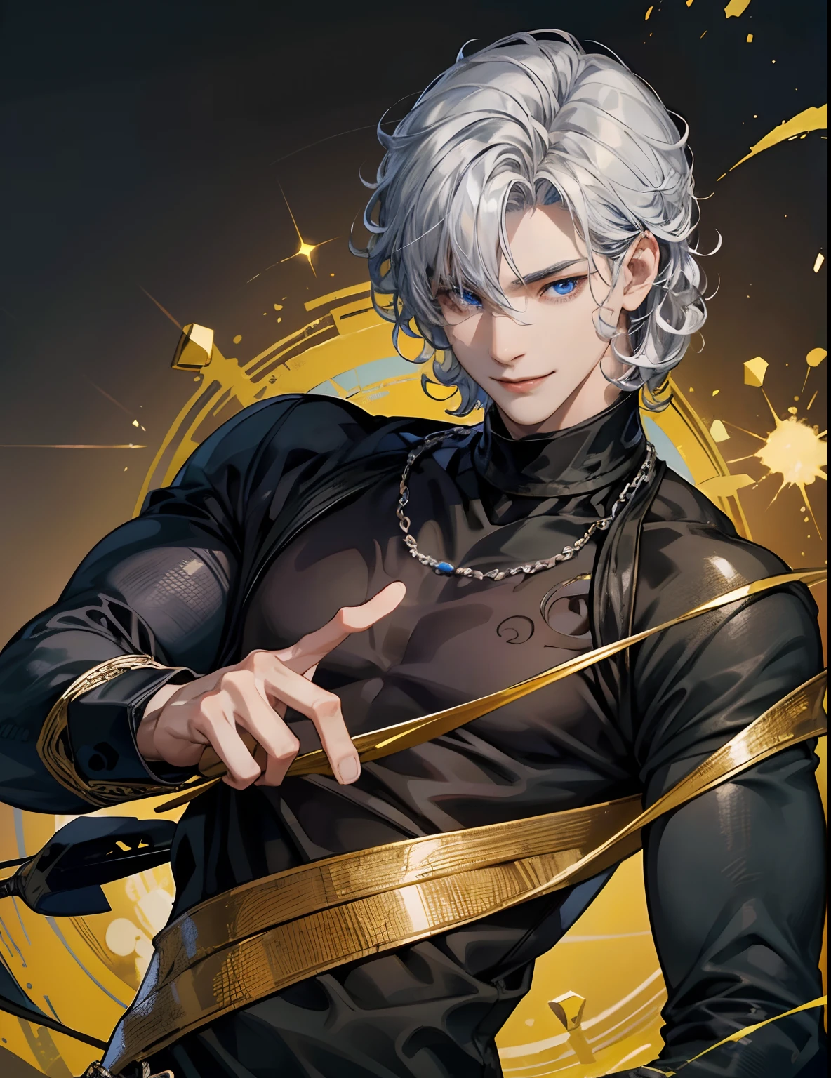 absurdres, highres, ultra detailed, HDR), masterpiece, best quality, 1boy, solo, 17 year, handsome, yellow curly hair, blue eyes and detailed face, ((wear tight black shirt)), (white skin), upper body, muscular, smiling face, direct angle, wear silver necklace