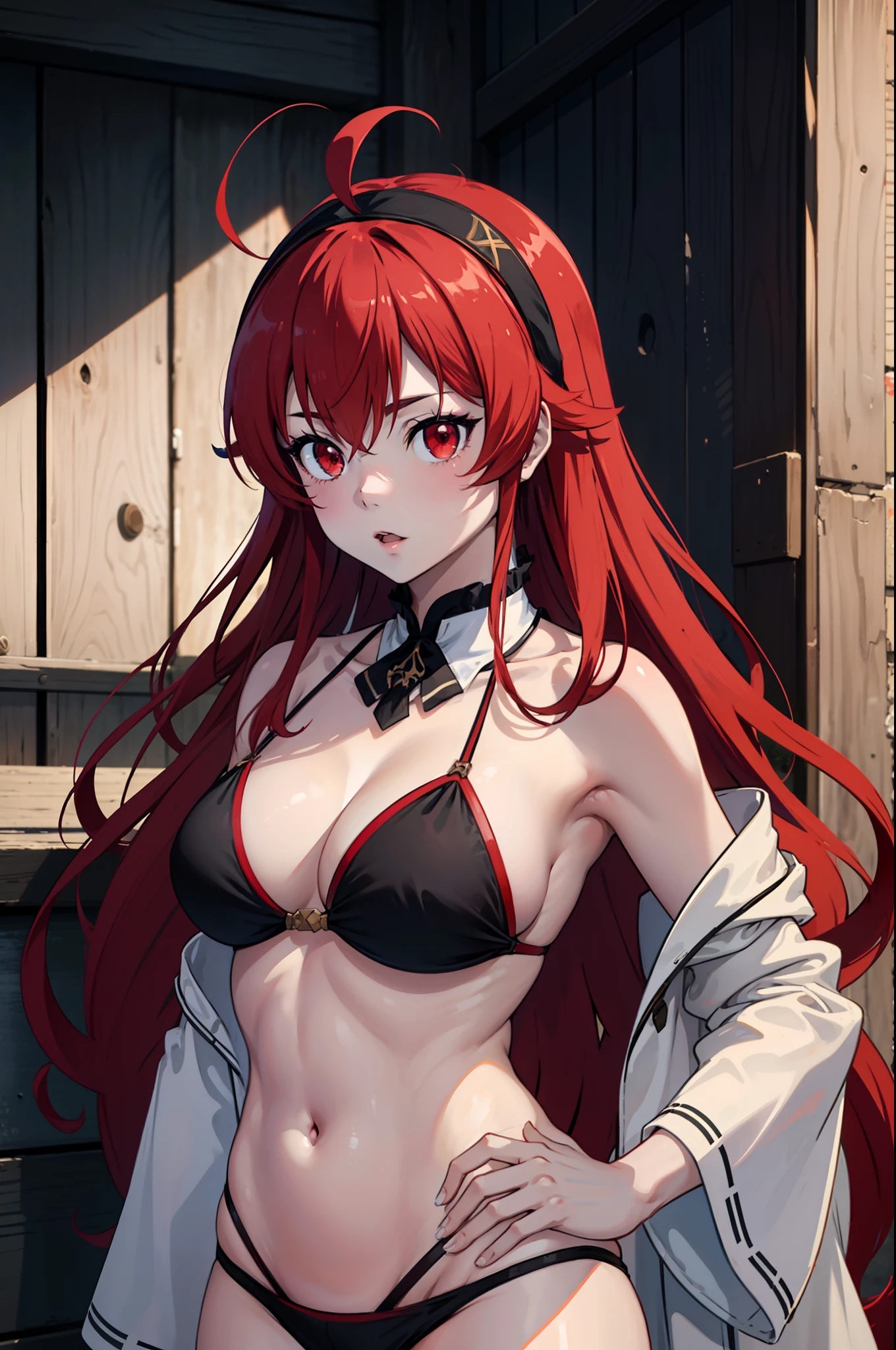 upper body, 1girl, Eris Greyrat, red hair, red eyes, ahoge, hairband, (bikini: 1.2), outdoor ((masterpiece)), high detailed illustration, high detailed background, hi-res