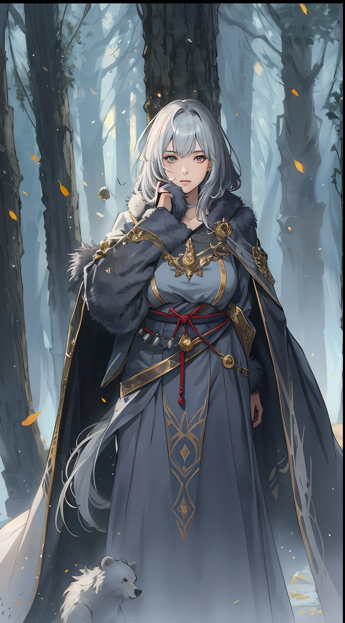 A beautiful woman with short silver-gray hair, bangs covering half of her face, delicate features, a serene expression, a dignified presence, she wears a simple full-length robe that reaches the ground, layered with a thick fur coat on top, the long sleeves of the robe bear patterns resembling animal skeletons, the character design portrays a fantasy-style practitioner character with a Japanese anime design, the artwork features finely detailed character design, showcasing a mature Japanese manga artistic style, ((character concept art)), high definition, best quality, ultra-detailed, extremely delicate, anatomically correct, symmetrical face, extremely detailed eyes and face, high quality eyes, creativity, RAW photo, UHD, 8k, (Natural light, professional lighting:1.2, cinematic lighting:1.5, best shadow), (masterpiece:1.5)