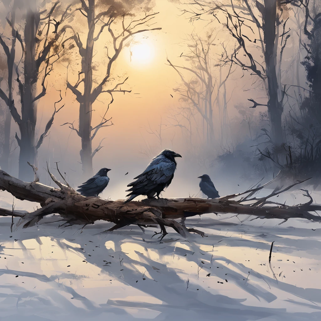 Two crows on a dead tree, A shadow shaped like a walker, Starry night, Thick fog on the ground, Blue light on the horizon, Unreal Engine 5, Cinematic, low angle photography, Motion blur, Depth of field, Dust, Cobblestones and dirt. Splash Art, dripping paint. Perfect color grading. Influenced by Karel Appel and Jeremy Mann, Full of dramatic and threatening scenes, Hyper-detailed, Beautiful, insanely details, Intricate details, editorial photography, shot with a 50mm lens, Depth of field, Tilt Blur, Shutter speed 1/1000, f/22. Lightmaps, Super bright