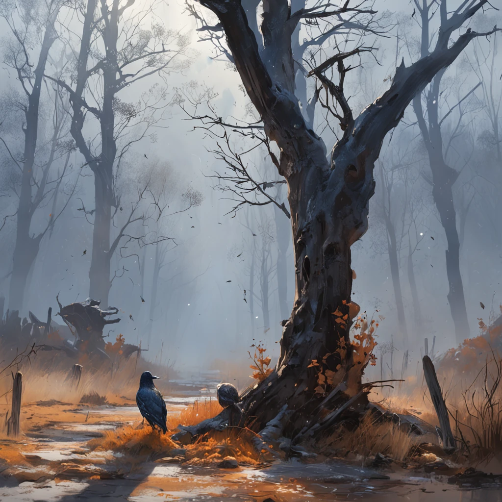 Two crows on a dead tree, A shadow shaped like a walker, Starry night, Thick fog on the ground, Blue light on the horizon, Unreal Engine 5, Cinematic, low angle photography, Motion blur, Depth of field, Dust, Cobblestones and dirt. Splash Art, dripping paint. Perfect color grading. Influenced by Karel Appel and Jeremy Mann, Full of dramatic and threatening scenes, Hyper-detailed, Beautiful, insanely details, Intricate details, editorial photography, shot with a 50mm lens, Depth of field, Tilt Blur, Shutter speed 1/1000, f/22. Lightmaps, Super bright