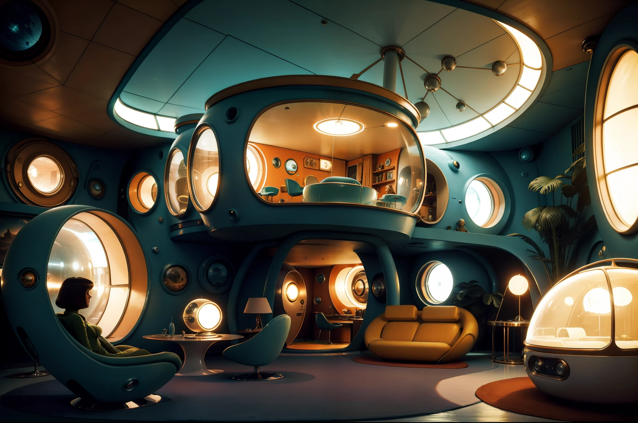 MartianS chilling out in a human house . Retrofuturistic house as background, big rounded windows, round tv, 1970's style furniture. Colorful image. Illuminated by lamps and light through the windows. Highly detailed. Photorealistic.