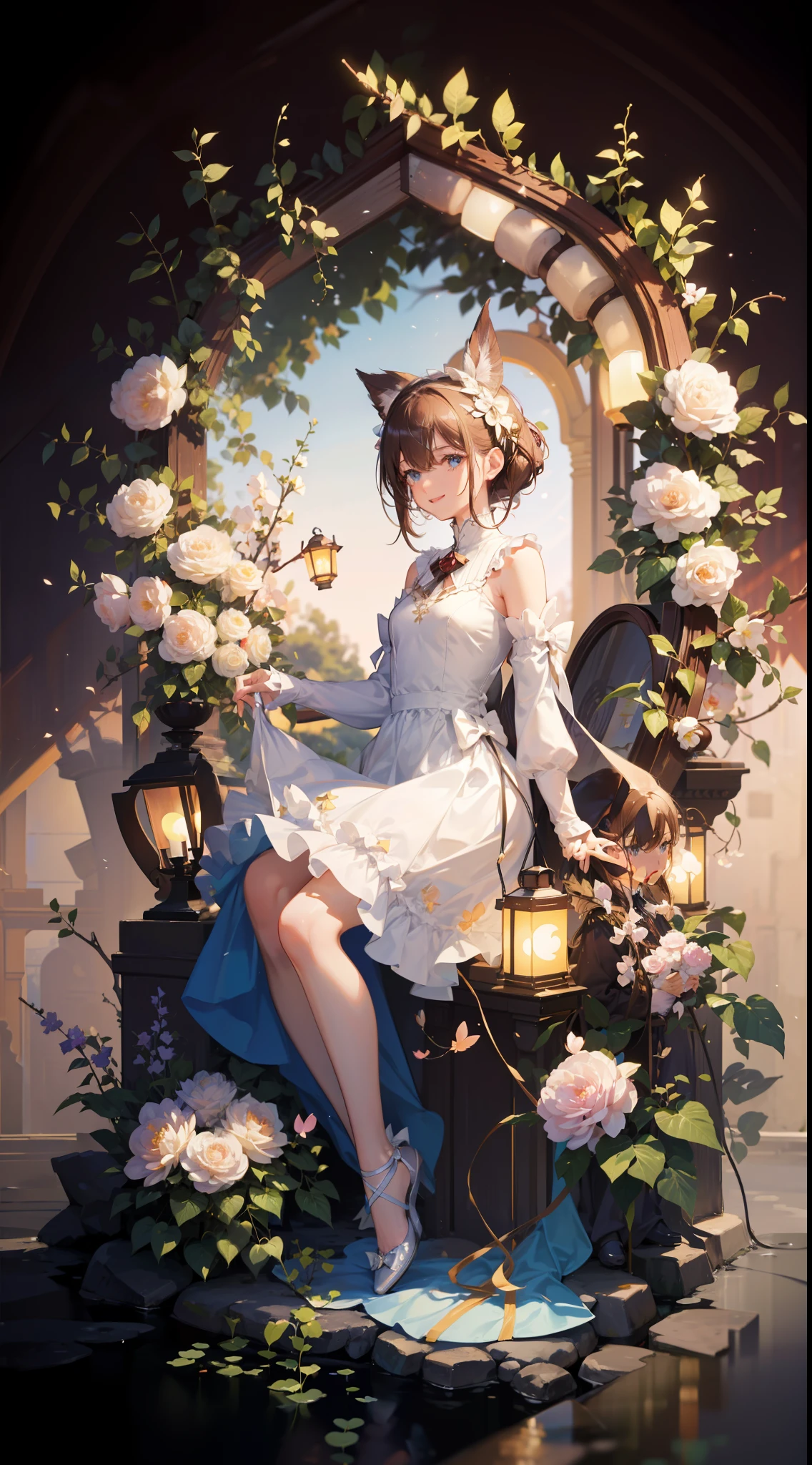 (Extremely delicate beauty: 1.2), 1girl, standing, full body, smile, bangs, blue eyes, backlight, blurred, blurred background, bow, brown hair, shut up, seen from the side, hair between eyes, hair bow, lantern, light particles, long sleeves, looking at the audience, red bow, solo