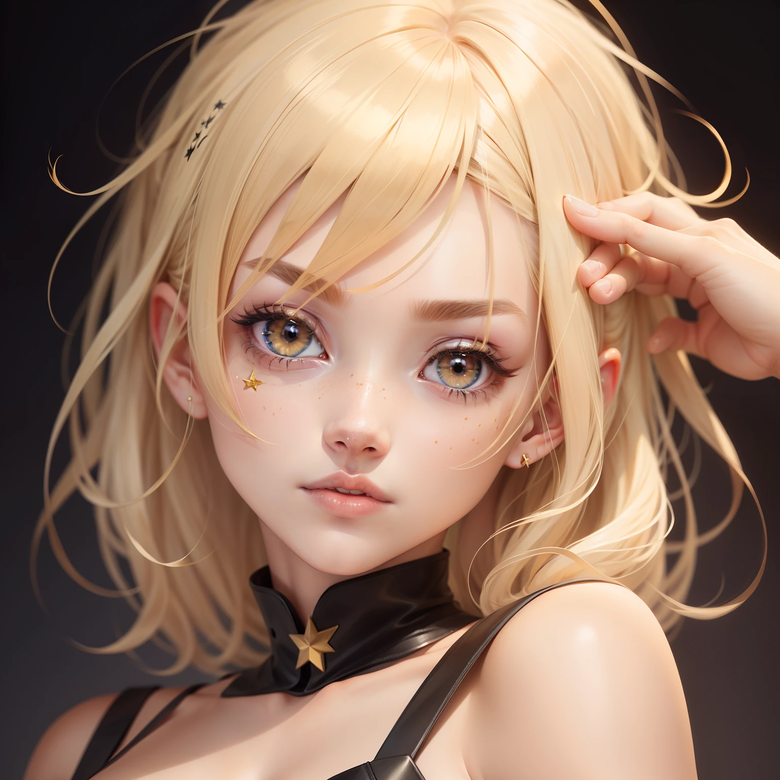 Blonde hair and golden eyes,There is a black star birthmark under the left eye。