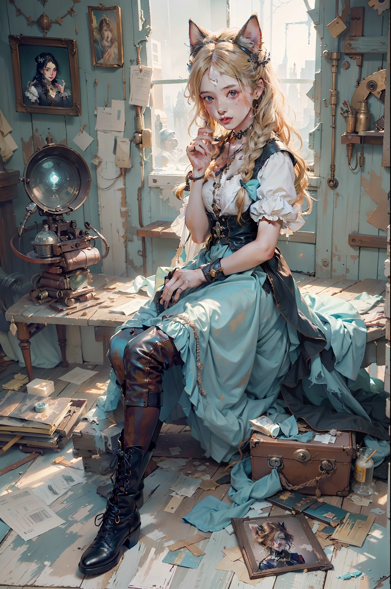 Top image quality、​masterpiece、an oil painting、Norman Rockwell's style、 beautiful a girl、The iris is blue、Cute little face、Light makeup、With cat ears on the head、blonde hair in braids、Luxurious necklace around the neck、tiny chest、Big buttocks、sitting on、portrait of a full body、alchemist、She holds a magic wand in her right hand、 Long dress in Gothic style with intricate decoration、Leather boots、Messy Alchemy Lab、Machine wreckage crowded together、abajour、Blue light leaks from a room at the end of the hallway、Desolate castle、Moonlight shining through the window、mid night、thirds rule、low angles