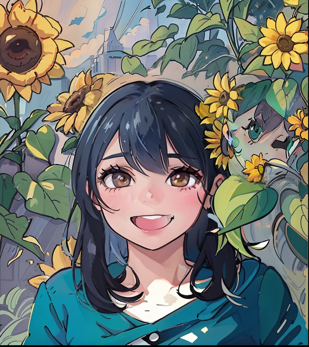 A girl with black hairs, smile face, wearing green thin cloth, sunflower background, comicbooks, comic drawing, anime illustration, anime cartoon style, line art, comic line art drawing